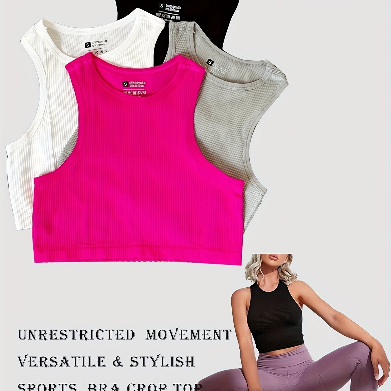 TEMU 4pcs Set Women's Sleeveless Crop Top, Breathable Seamless Round Neck Solid Color Ribbed Vest, Women's Outdoor Yoga Top