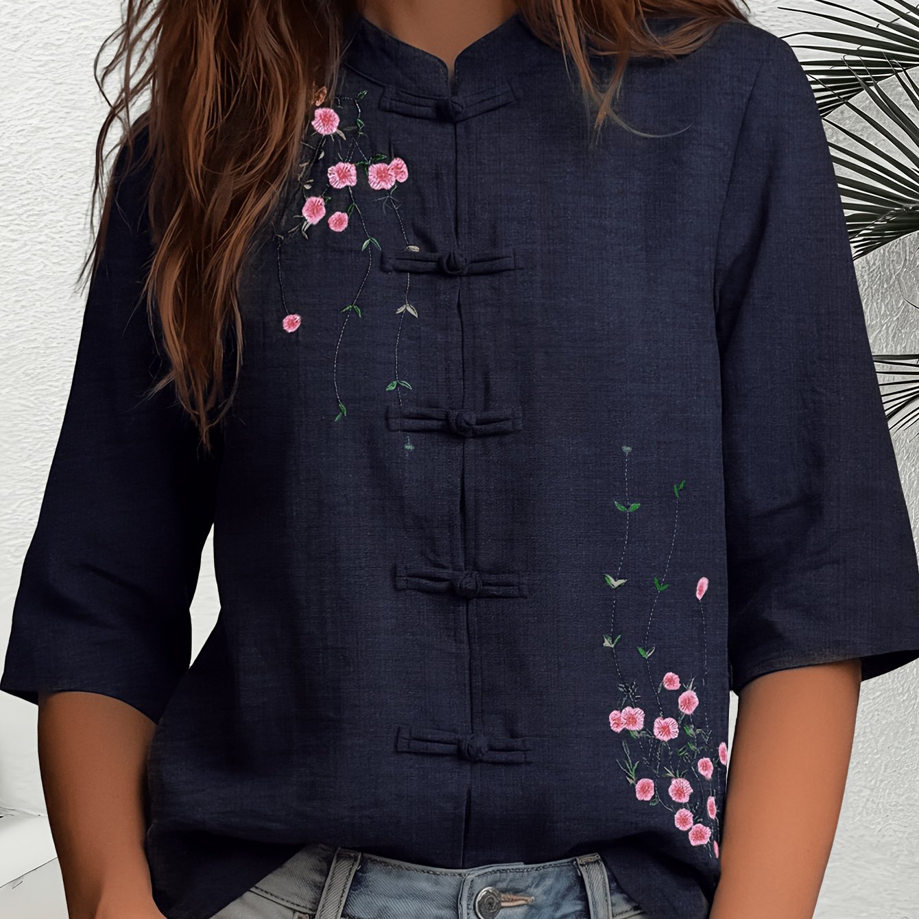 TEMU Women Chinese Style Floral Embroidery Blouse, Stand Collar Frog Buttons 3/4 Sleeve Loose Zen Tea Ceremony Shirt