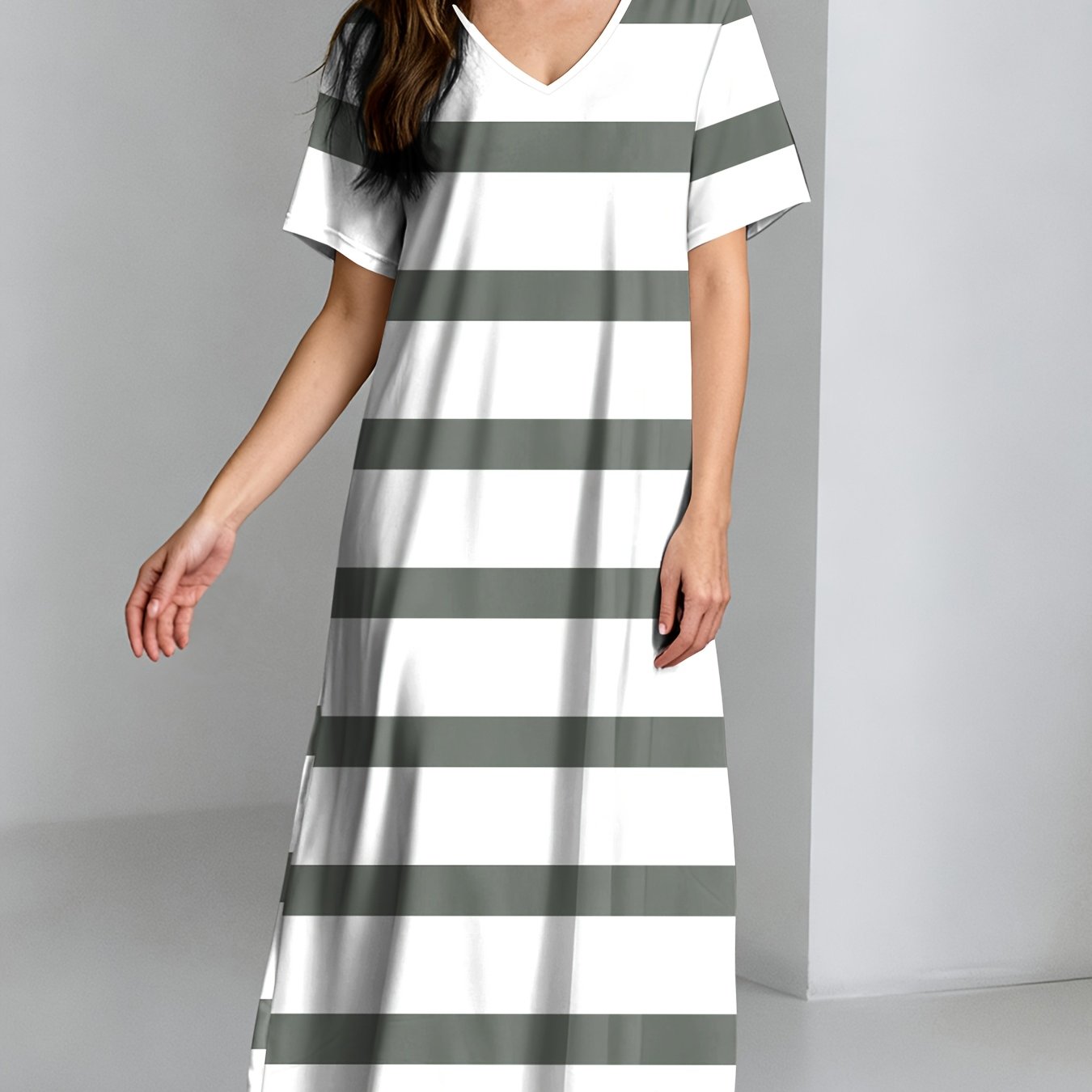 TEMU Elegant V-neck - Striped Pattern Print - Casual Elegant Maxi Dress, Short Sleeve, V-neck, Flowy Skirt, Perfect For Summer, Casual And Formal