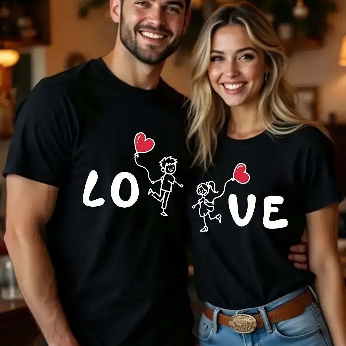 TEMU 1pc, Couple's "lo And Ve" Casual Short-sleeved T-shirt, Featuring Geometric Heat-transfer Printed Lettering, Irregular Design, Made Of 100%