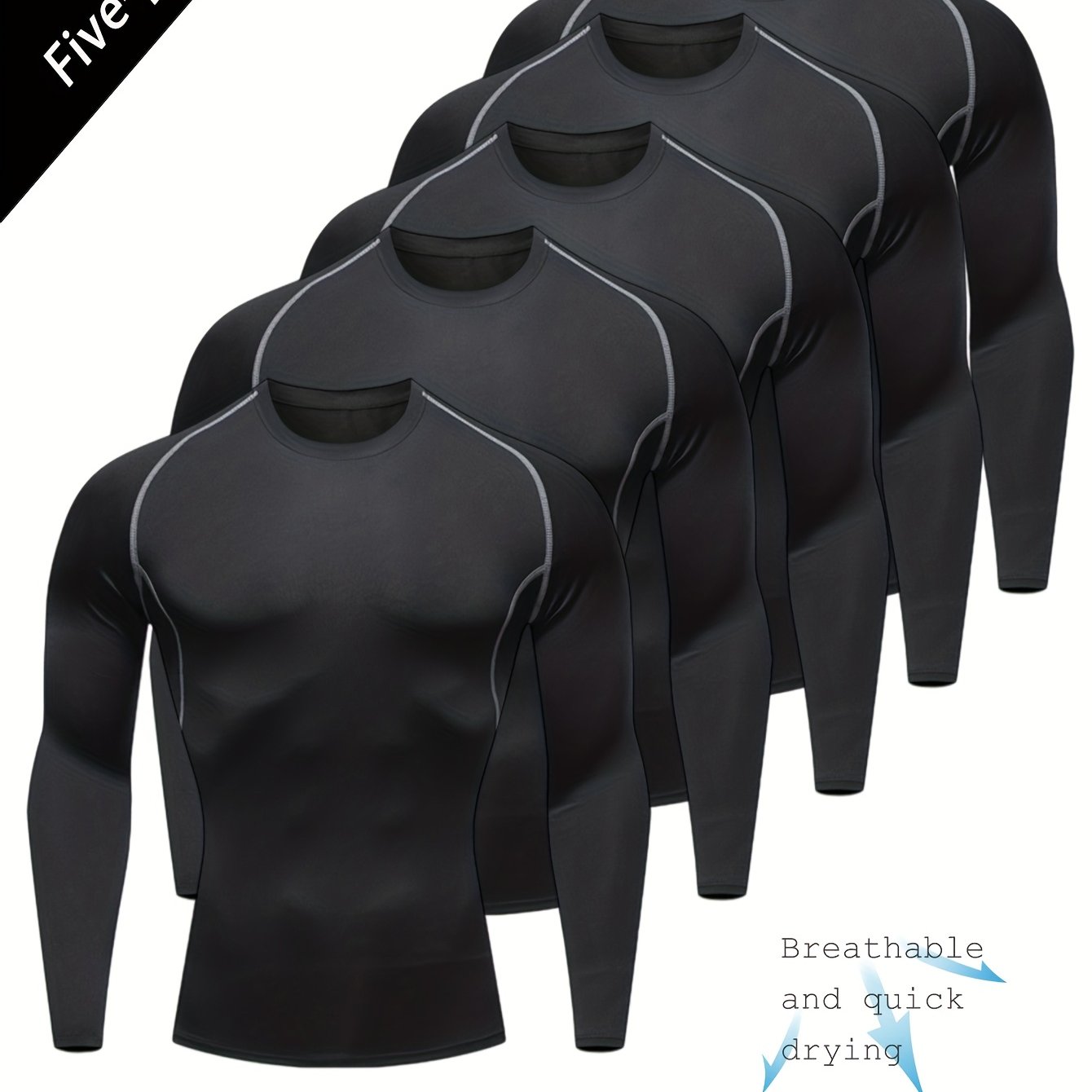 TEMU 5pcs Men's Quick- Long-sleeve Fitness Shirt Set - Moisture-wicking Breathable Stretch Fabric, Tight Suitable For Sports, Running, Cycling, And