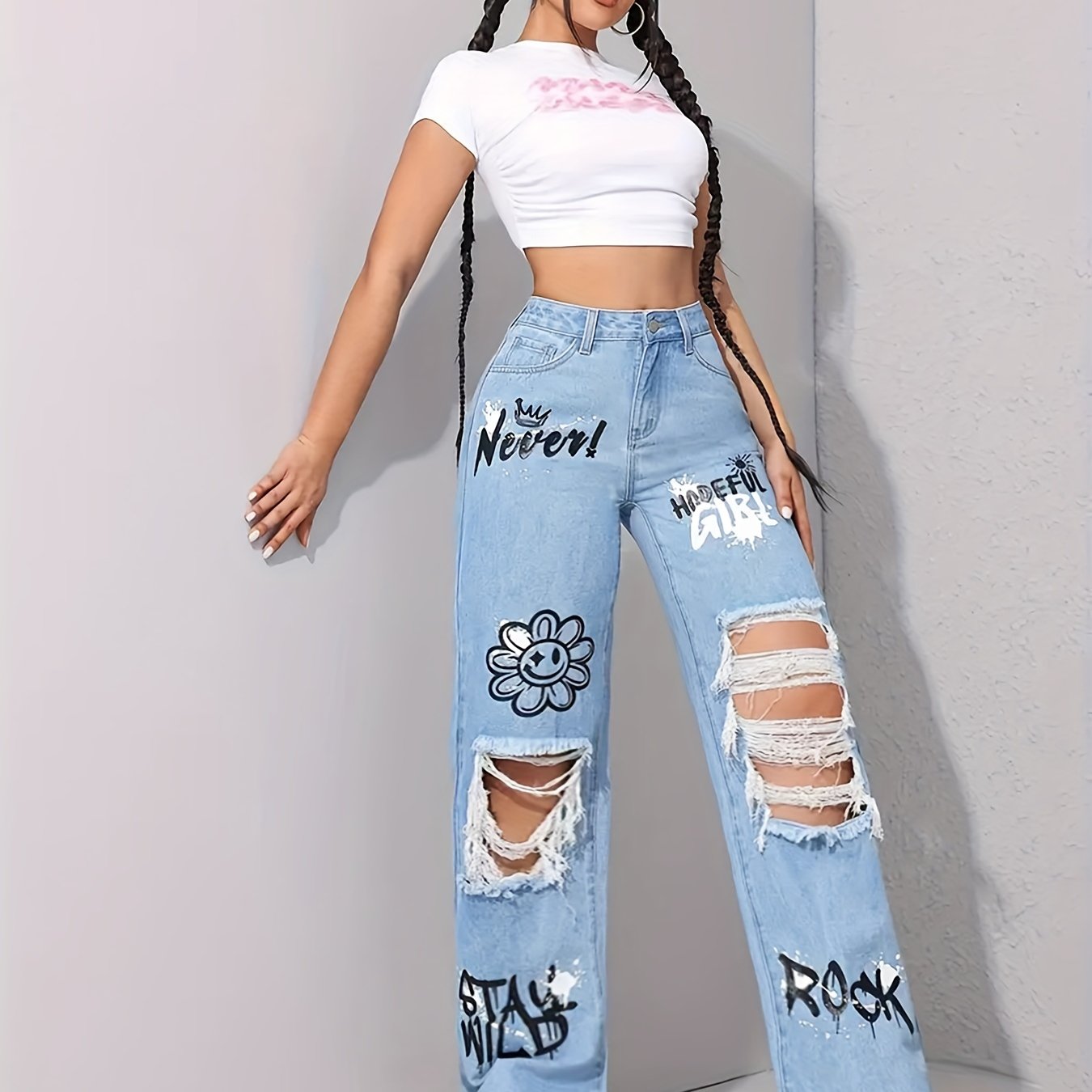 Cartoon Pattern Graffiti Print Washed Ripped High-waisted Straight Leg Women's Jeans
