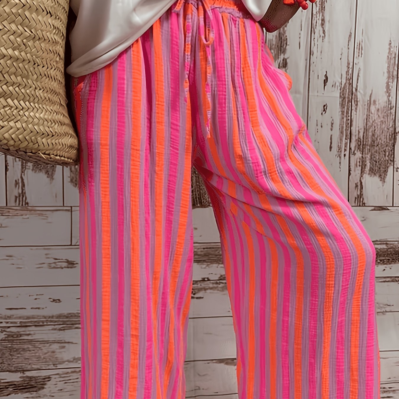 E-shop Damen Hose mit elastischem Bund, Kordelzug, vertikalen Streifen und weitem Bein, lockere, atmungsaktive Freizeithose, Sommerurlaub-Strandhose