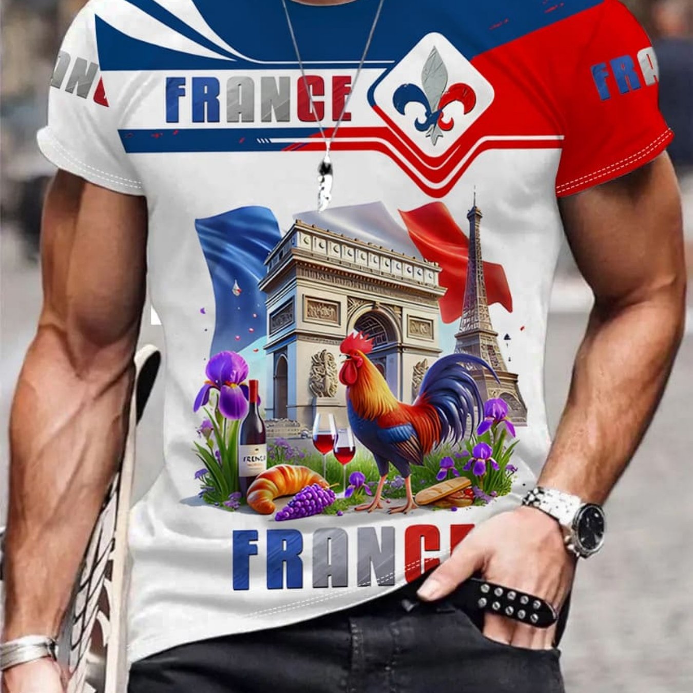 TEMU T-shirt à manches courtes et col pour homme avec motif coq, Eiffel française et Arc de Triomphe