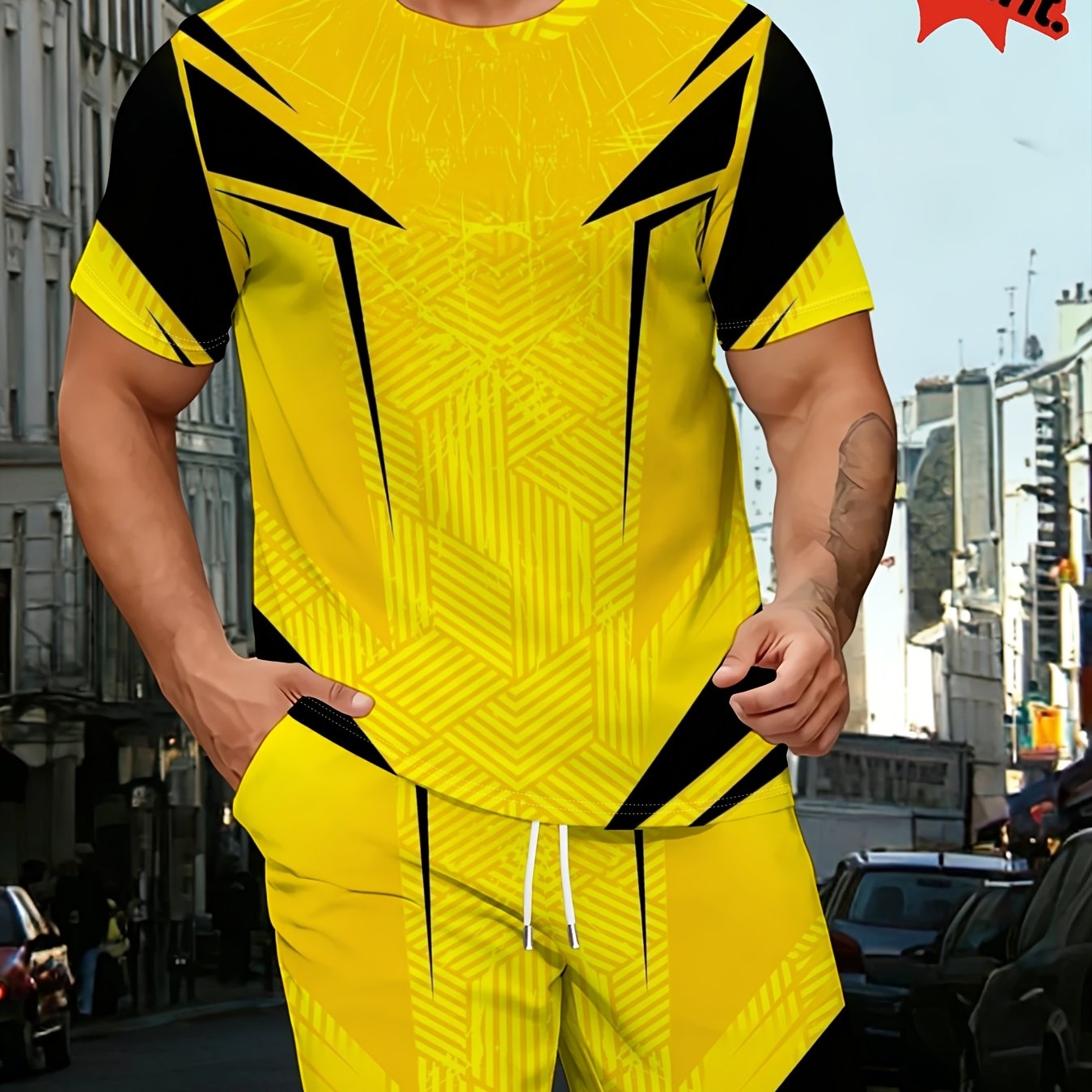 TEMU Unlock Summer Trend For Men: Creative 3d Printed Pattern, Casual Round Neck Short Sleeve With Drawstring Waist Yellow Set