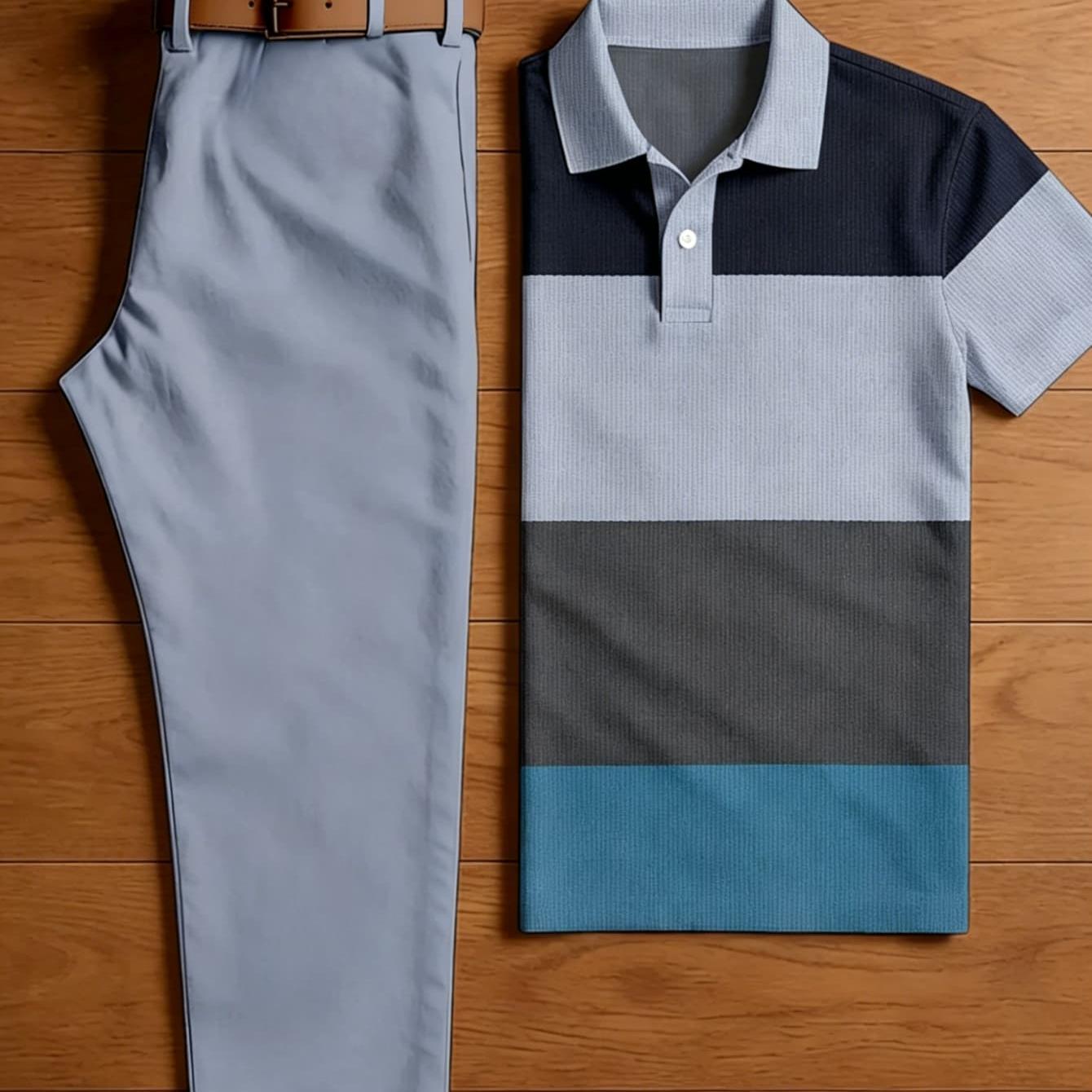 Men's 2pcs Outfit Set, Four-tone Dark Grey Light Blue Color Block Striped + Solid Pale Grey Chino Pants, Preppy Breathable 2pcs Co-ord