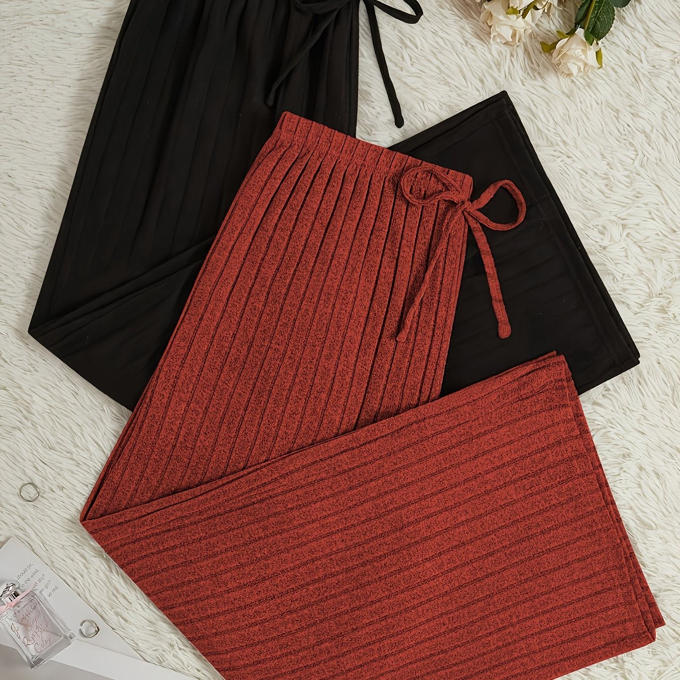 TEMU Plus Size Solid 2-pack Ribbed Stretch Casual Wide-leg Long Pants Home Sleepwear