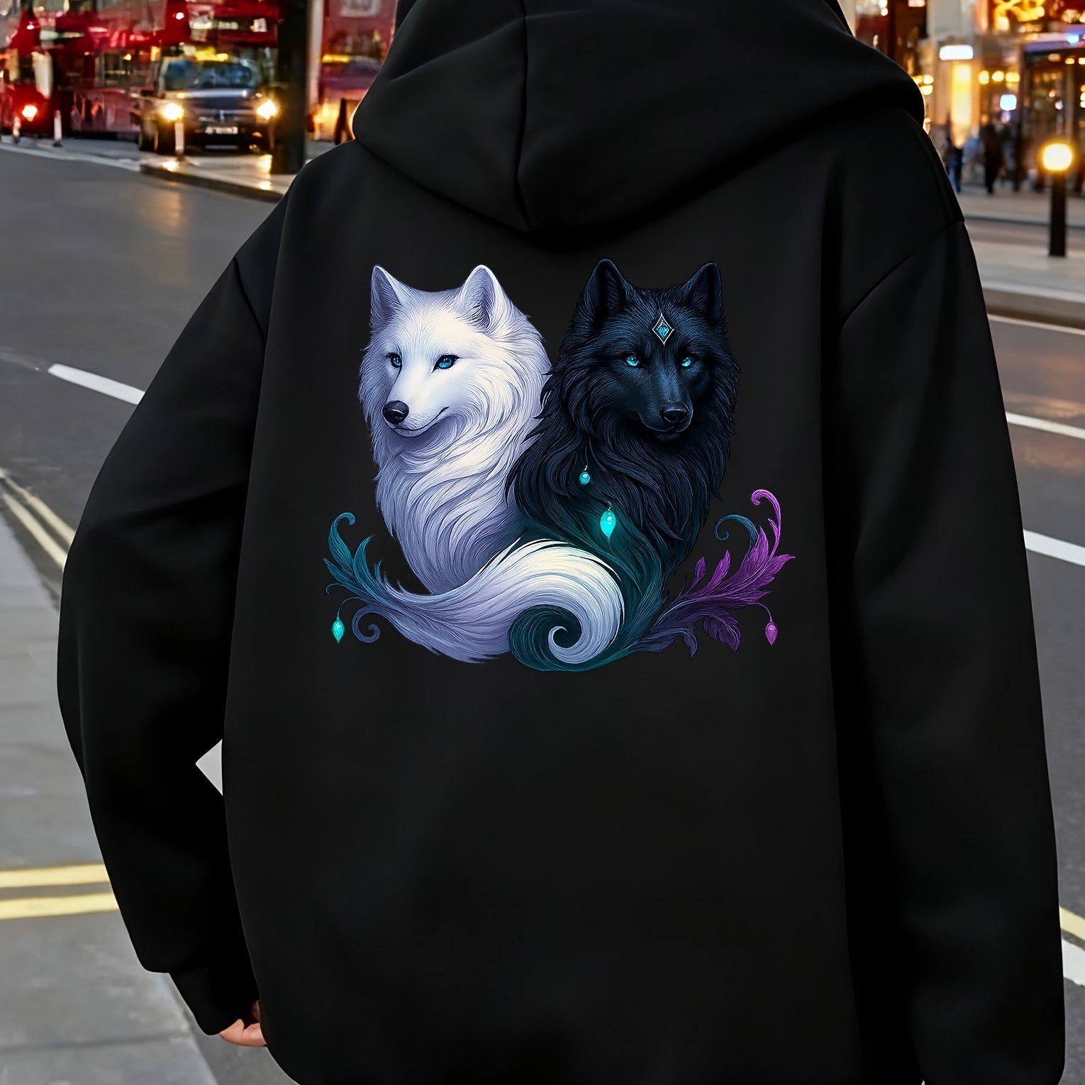 TEMU Women's Full-zip Hooded Jacket - Double Wolf Decorative Pattern, Single Long-sleeve Zip-up Sweatshirt, Suitable For Daily Wear, Machine Washable