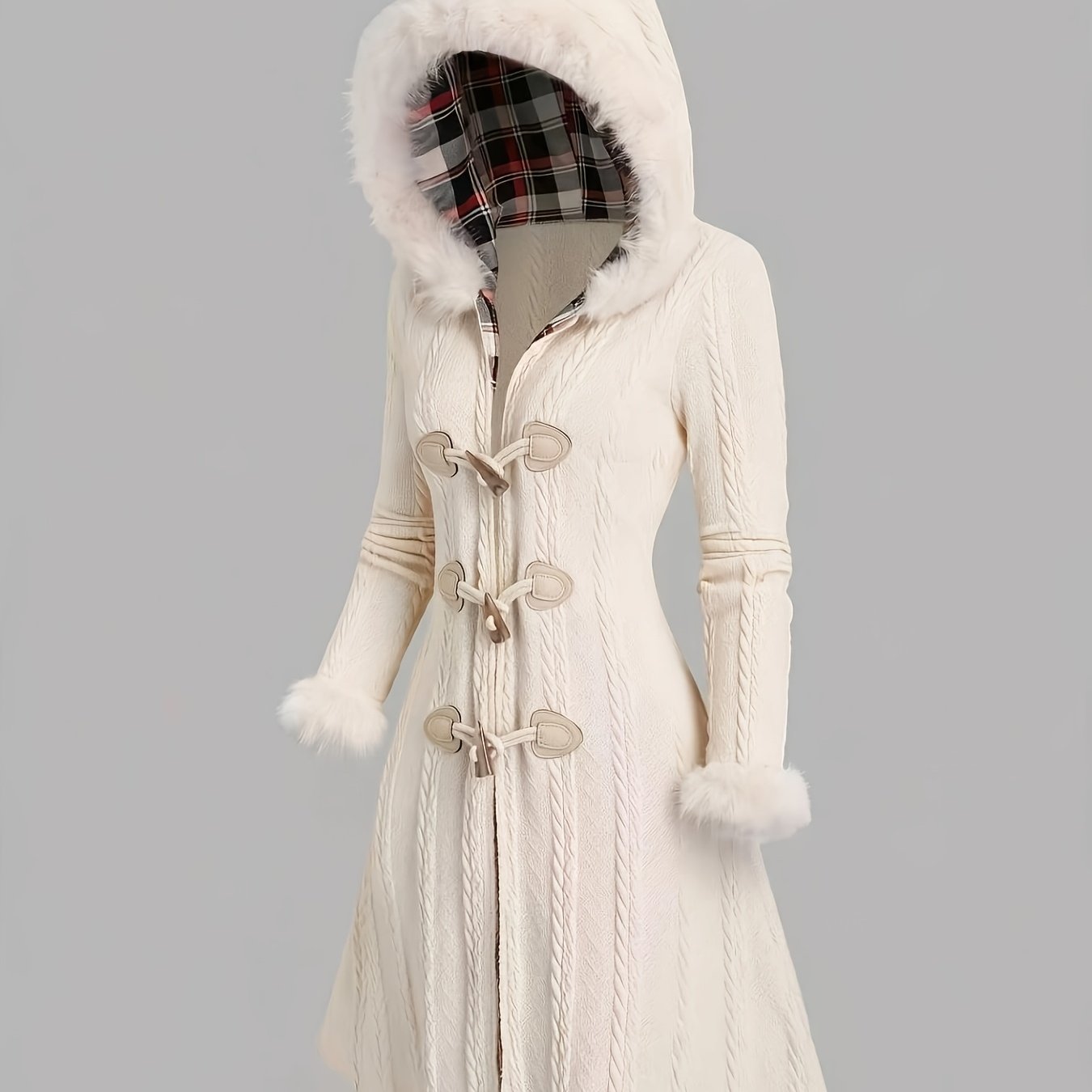 Image of Plus Size, European And Plus Size Women's Valentine's Day Y2k Cable Hooded With Horn Buttons, Long Outerwear