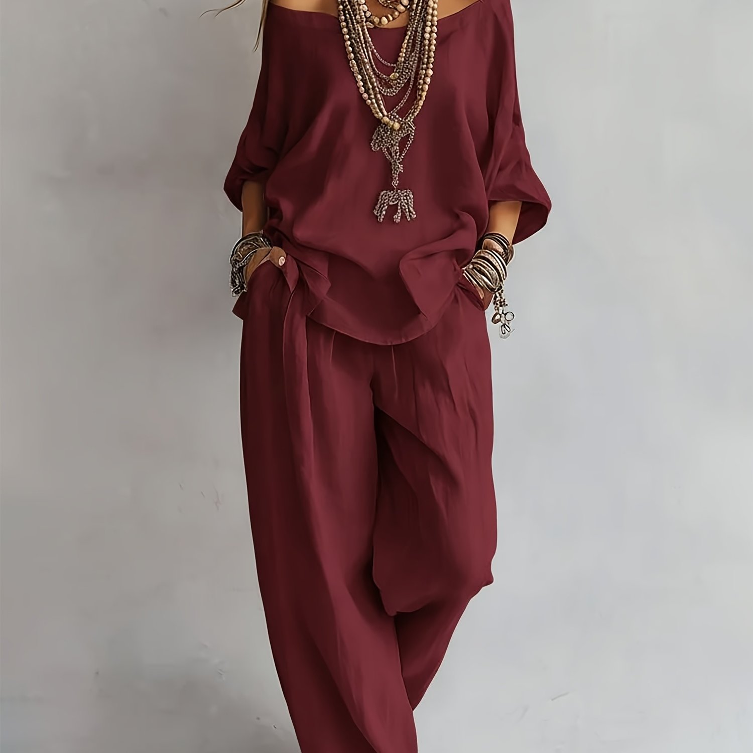 TEMU Ensemble 2 pièces pour femme d'été décontracté ample à épaules dénudées et pantalon à jambes larges