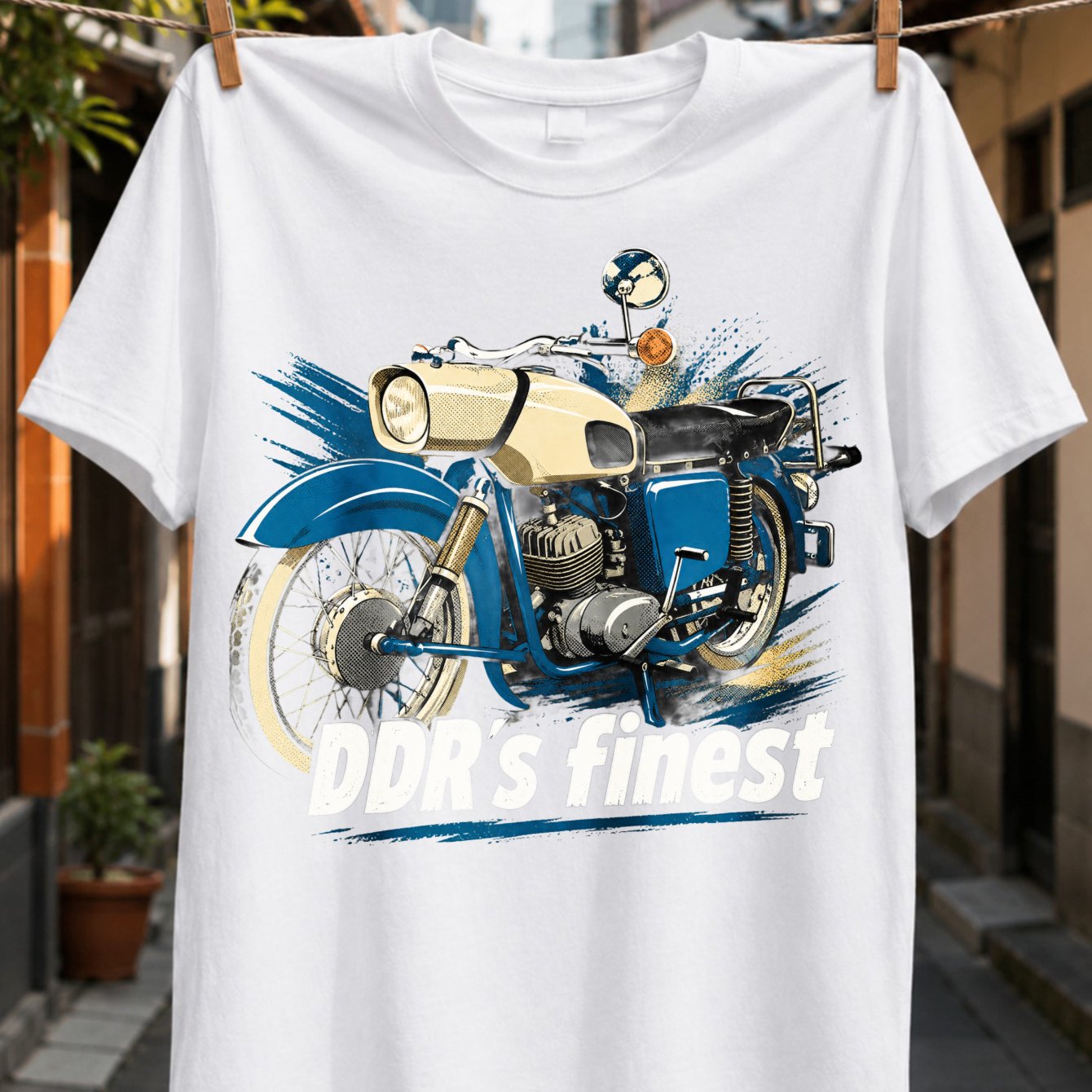 Image of Blue And Cream Vintage Motorcycle Graphic With Classic East German Mechanical Style Printed Design Unisex All T-shirt