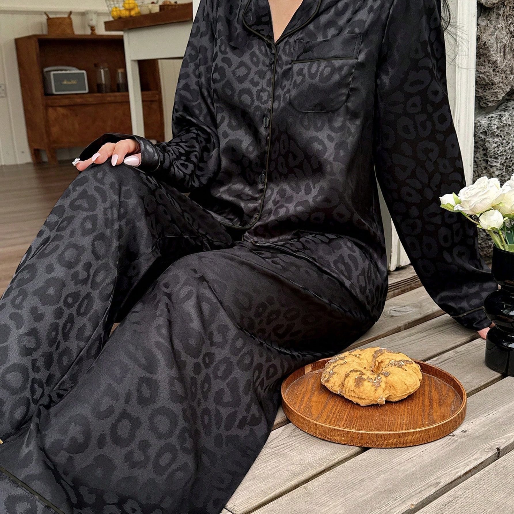 TEMU Spring/autumn Solid Color Leopard Print Pajama Set, Women's Casual And Comfortable Loungewear Set