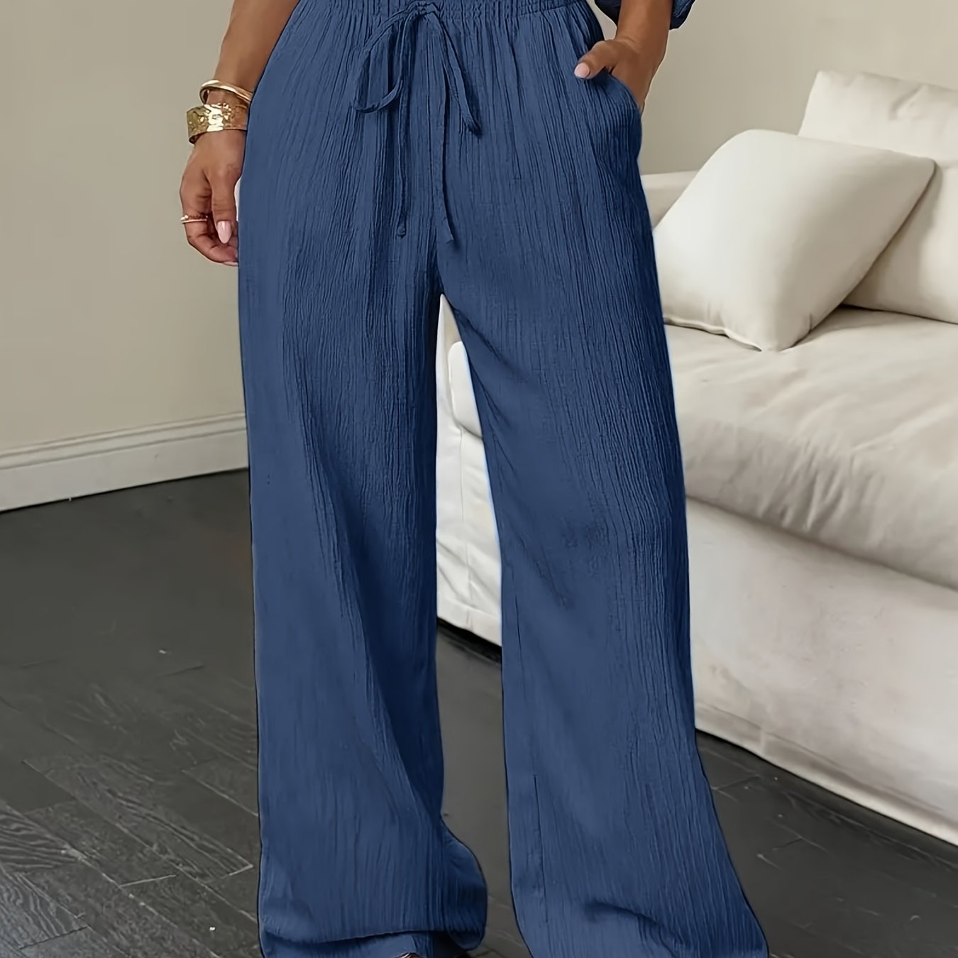 TEMU /summer Women's Casual Straight-leg Pants, Lightweight, Breathable, And Comfortable. Solid-color Textured Fabric Pants Feature An Elastic