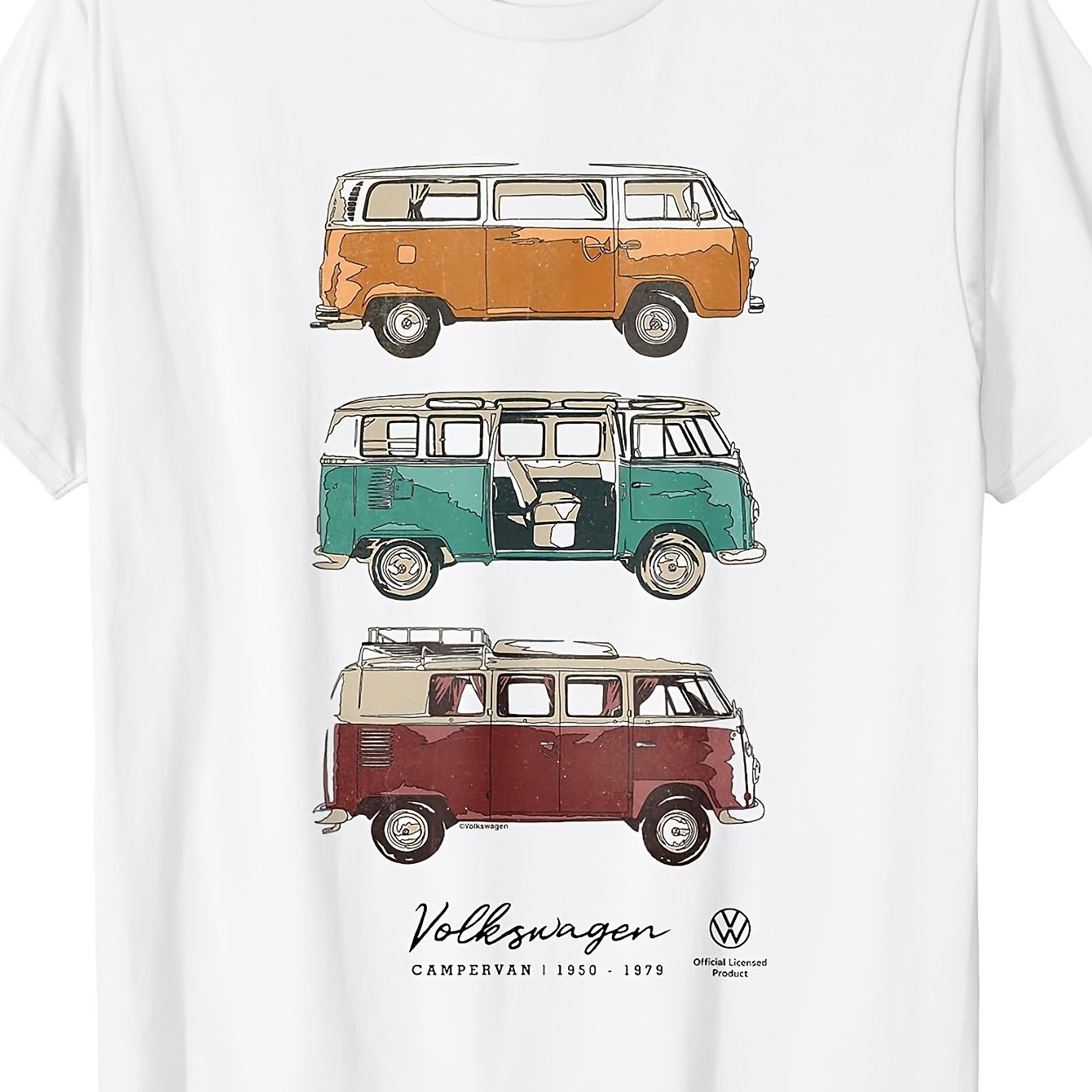 Image of Men's Transporter Type 2 Campervan 1950-1979 Vintage Graphic Crew Neck Short Sleeve T-shirt Classic Retro Van Vehicle Print Lightweight Leisure Tee For And Road Trip Enthusiasts
