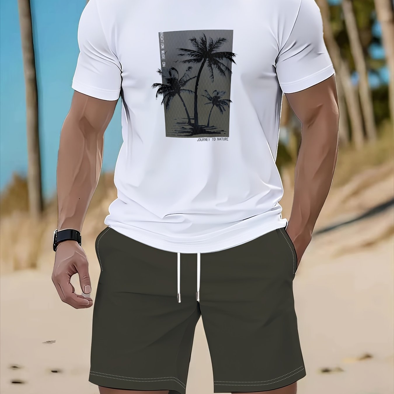 TEMU Casual Sports Suit, Breathable Outdoor Casual Men's Round-neck T-shirt And Shorts Set, Summer Clothing For Adult Men