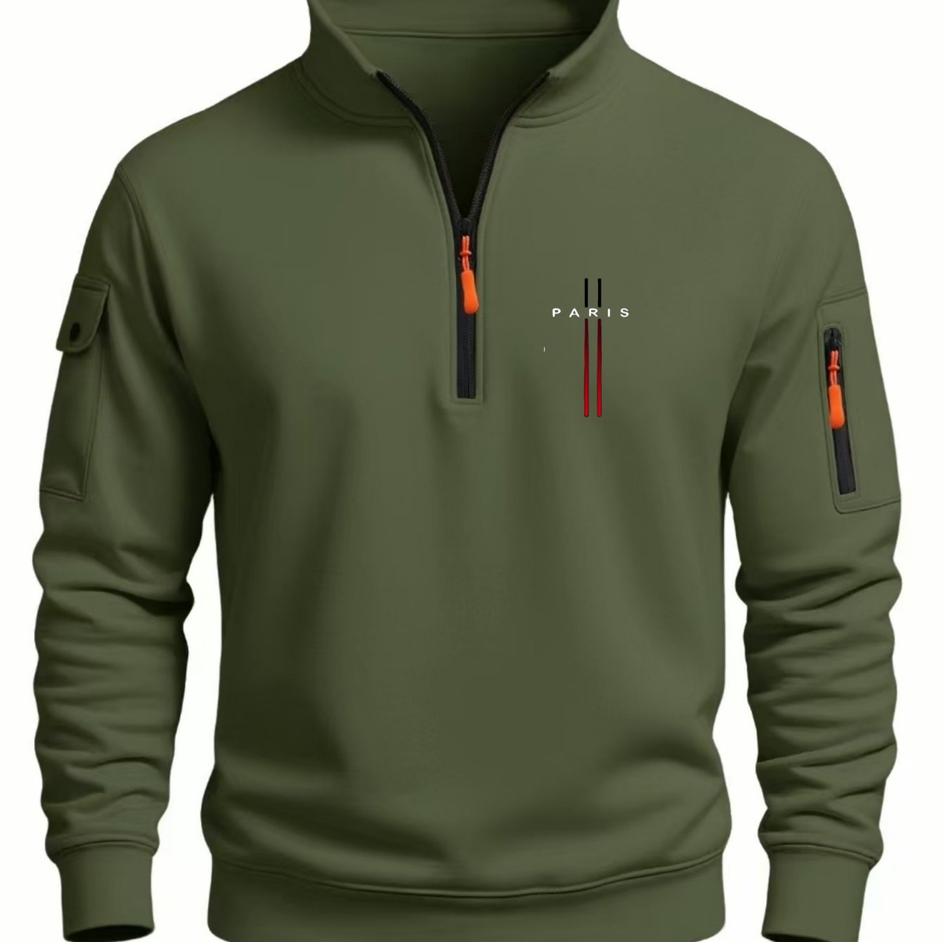 TEMU New Preferred Men's Semi-high Neck Half-zip Collar Sweatshirt, Utility Multi-pocket Chest Print Pullover Top, Suitable For Daily Casual,