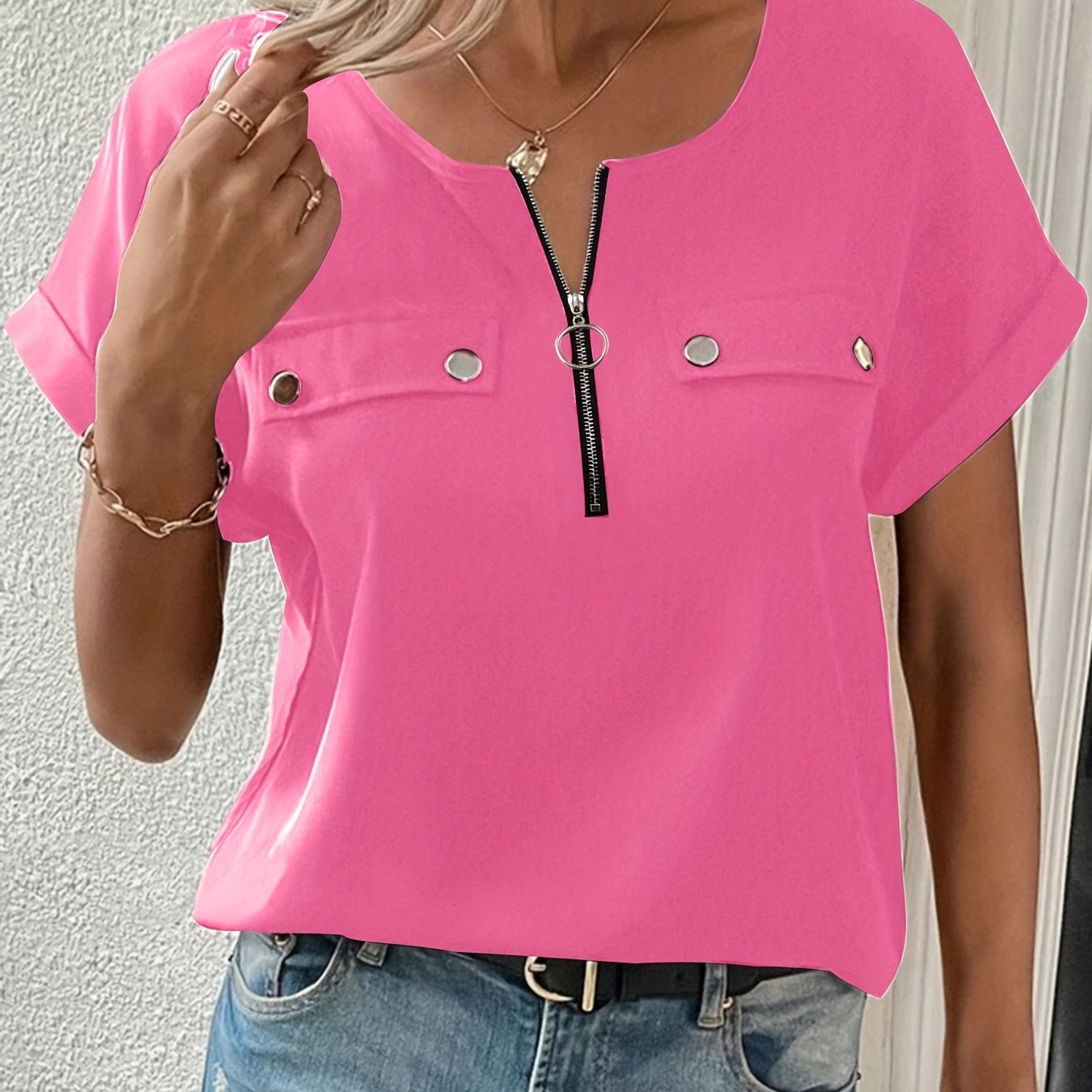 Image of Fashionable And Elegant Spring Summer New Non-stretch Solid Color Zipper Batwing Sleeve Round Neck Fake Pocket Top Short Sleeve