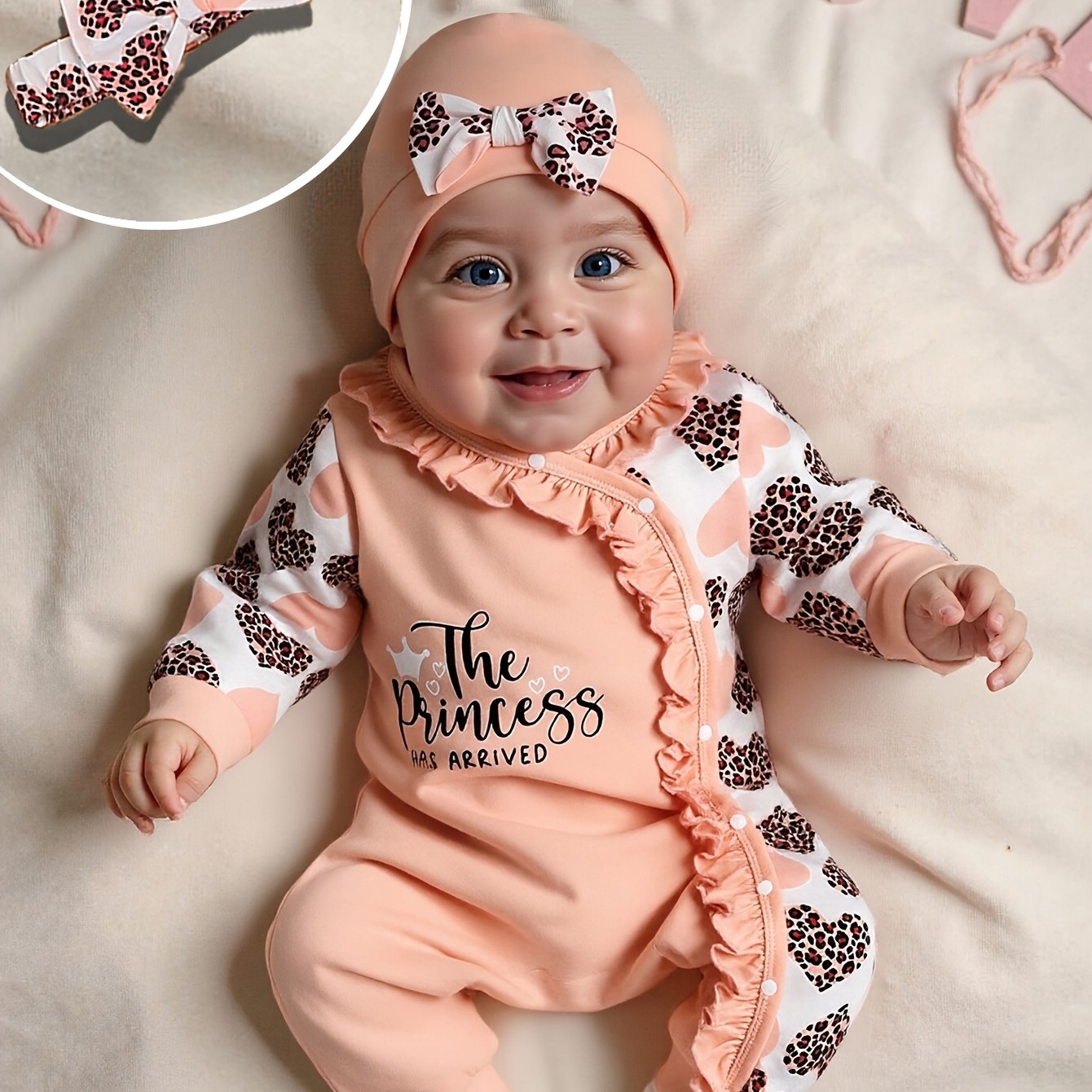 A 3pcs Set For Including A Romper And A Headband Hat, Featuring A Letter And Heart Print, Perfect For Casual , For Outdoor