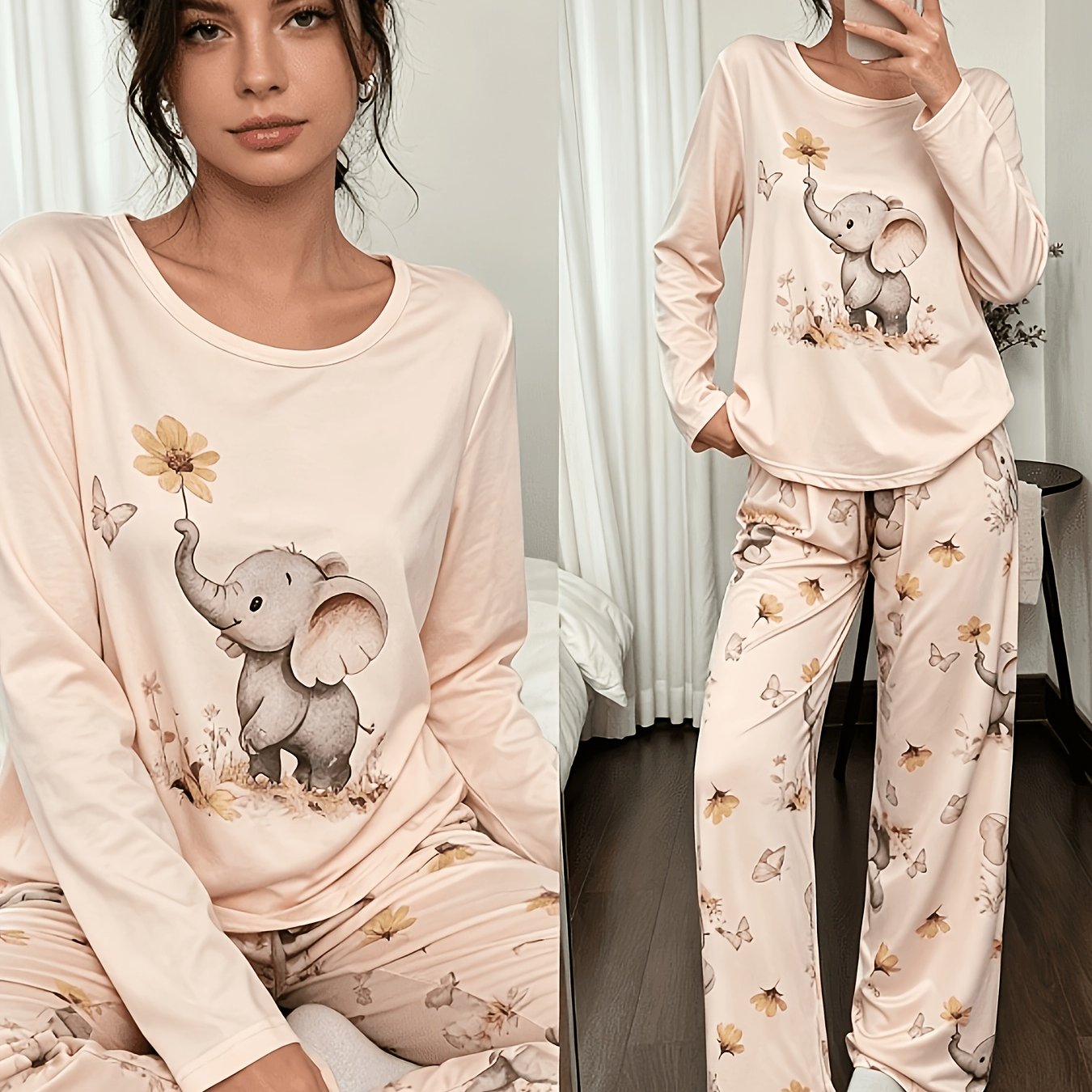 TEMU Ladies' Cute Elephant Print Round Neck Pajama Set