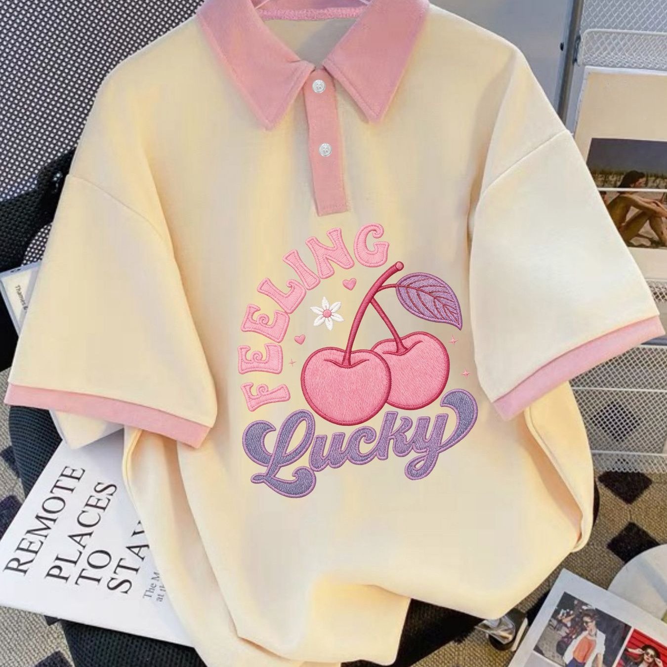 TEMU Pink Cherry & Letter Print Short Sleeve Shirt - Color-block Blouse Suitable For Uniforms, Casual Outfits, Spring Summer Wear, Machine Washable