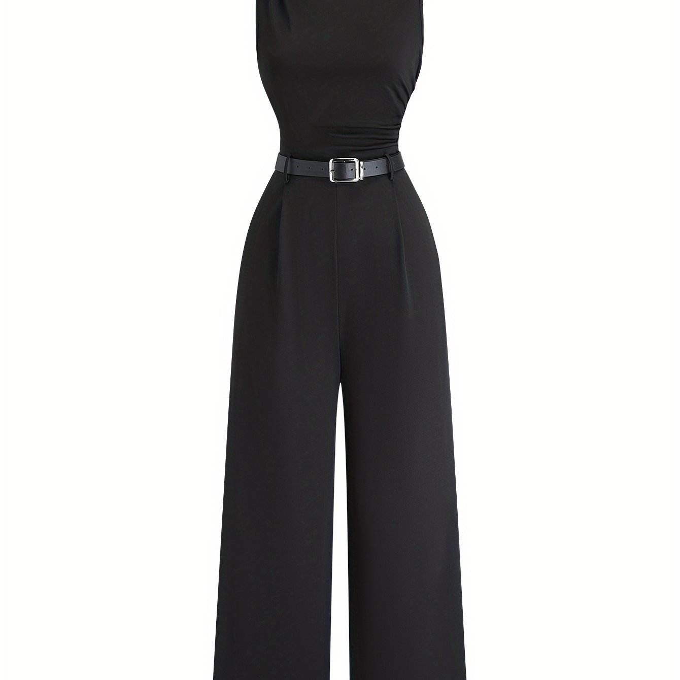 E-shop 1 Stück Schwarzes Plissiertes Weites Kleid mit Gürtel, für Arbeit Date Night, Ärmelloser Einfacher Vielseitiger Slim Fit Damenanzug,