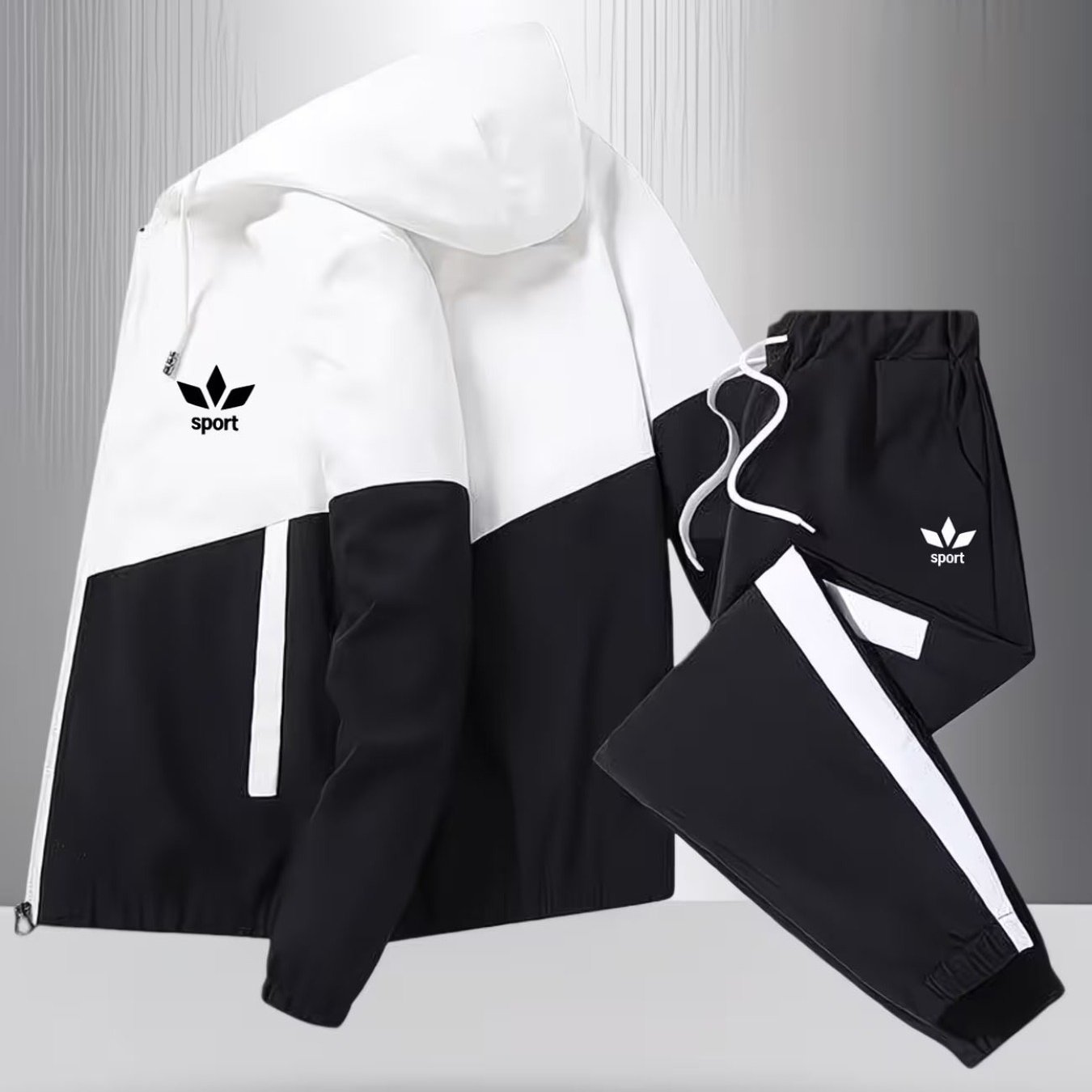 Image of New Arrival Men Standard Size Zipper Sports Set Spring Autumn Comfortable Fashion Versatile Design Sense Outdoor Street Full Print Block Hooded Jacket And Pants 2pcs Outfit