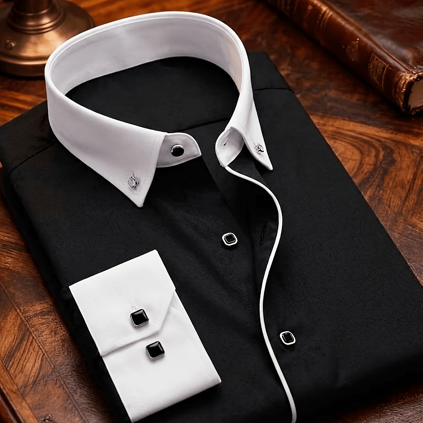 TEMU Men's Black Shirt With Small Diamond Buttons, Versatile For Business Casual