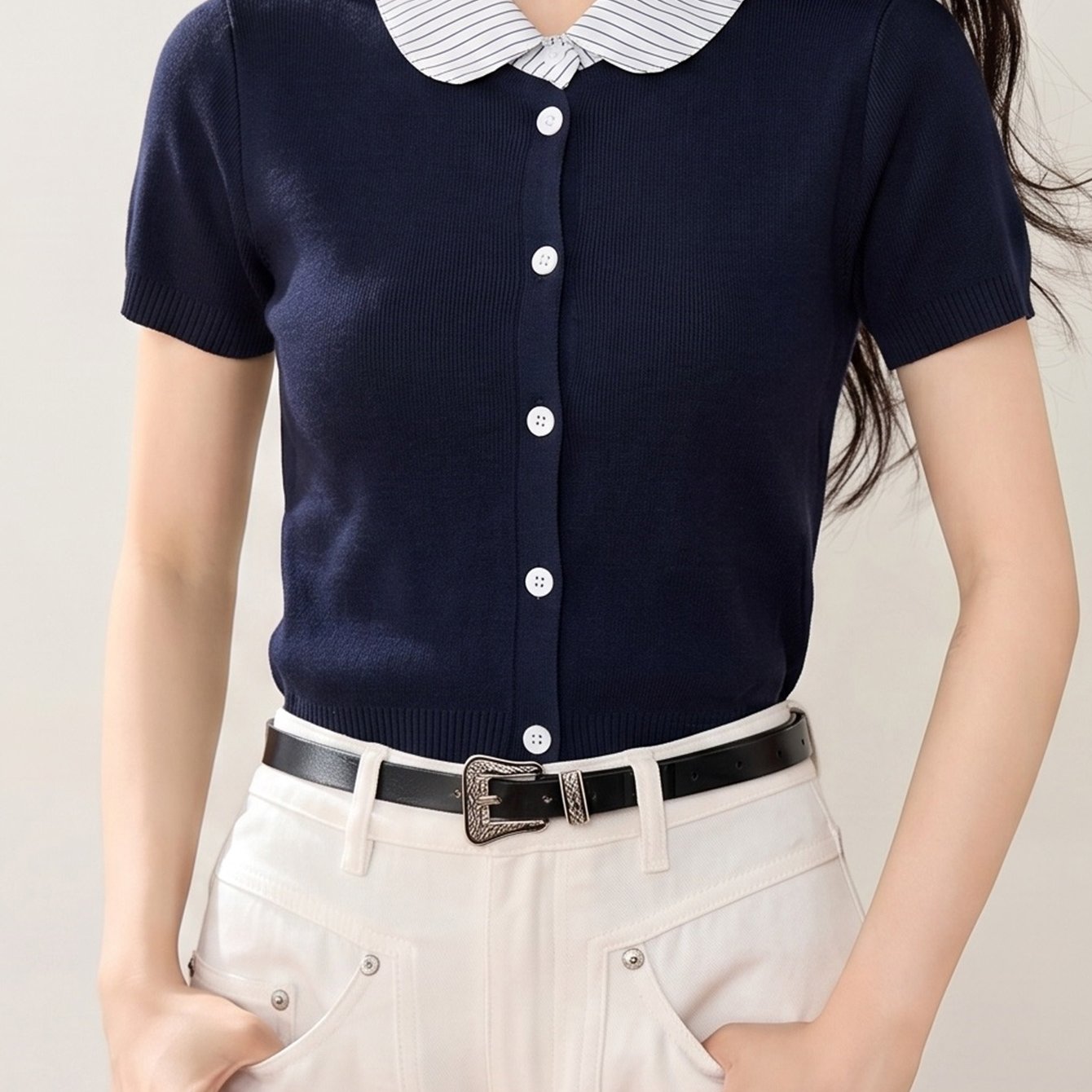 TEMU 패셔너블한 컬러블록 케이블 라펠 칼라 반팔 가디건 탑