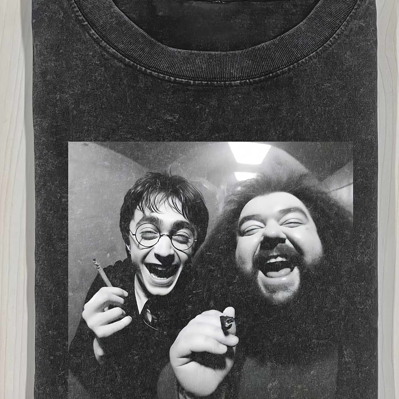 TEMU Harry Potter Hagrid Black And White Meme Washed Men's T-shirt, 230g Pure, Men's Summer Clothing, Vintage Distressed Style, Men's Gift, Casual