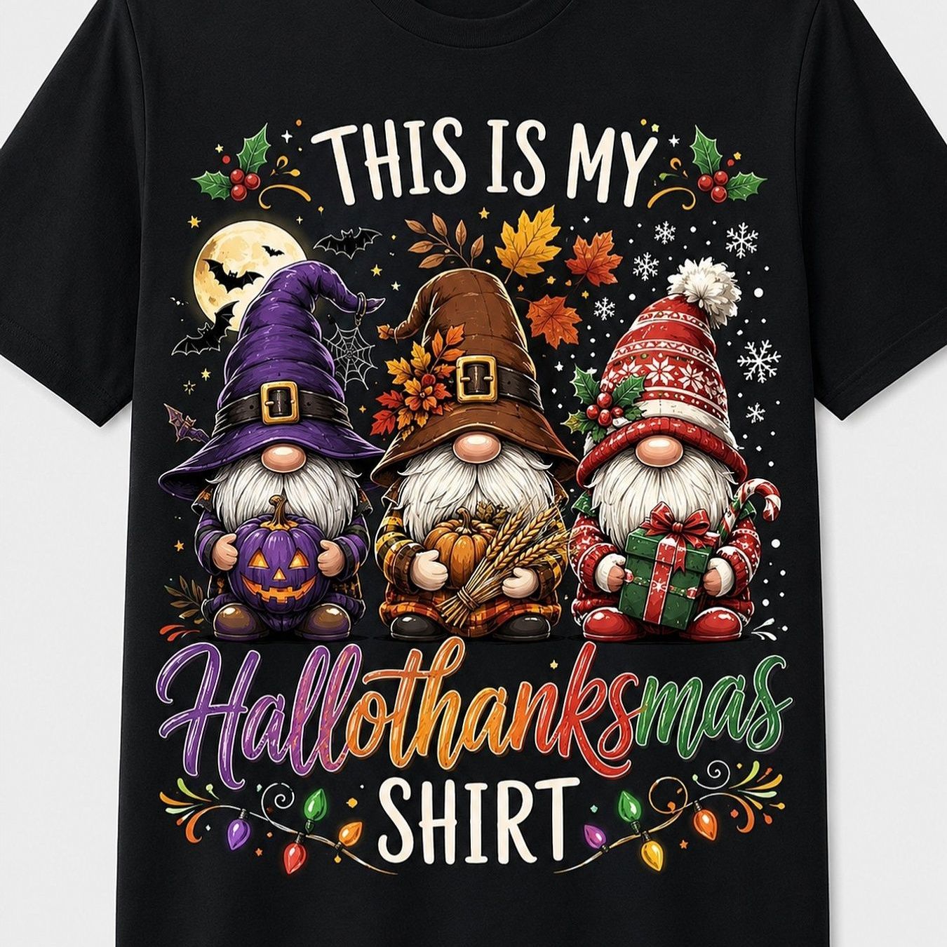 TEMU Men's Festive Gnomes T-shirt, Short Sleeve Crew Neck, Soft Breathable Lightweight, Perfect For Halloween Thanksgiving Christmas Gift, Unisex,