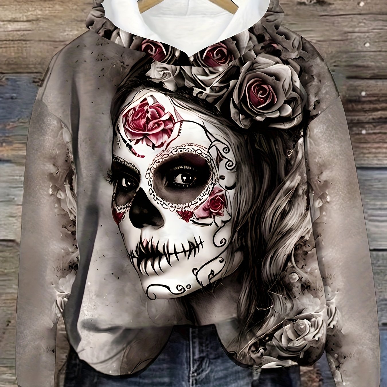 Image of Liangsheng Women's Halloween Skull Print Hoodie, Casual Long Sleeve, Full Polyester Fiber