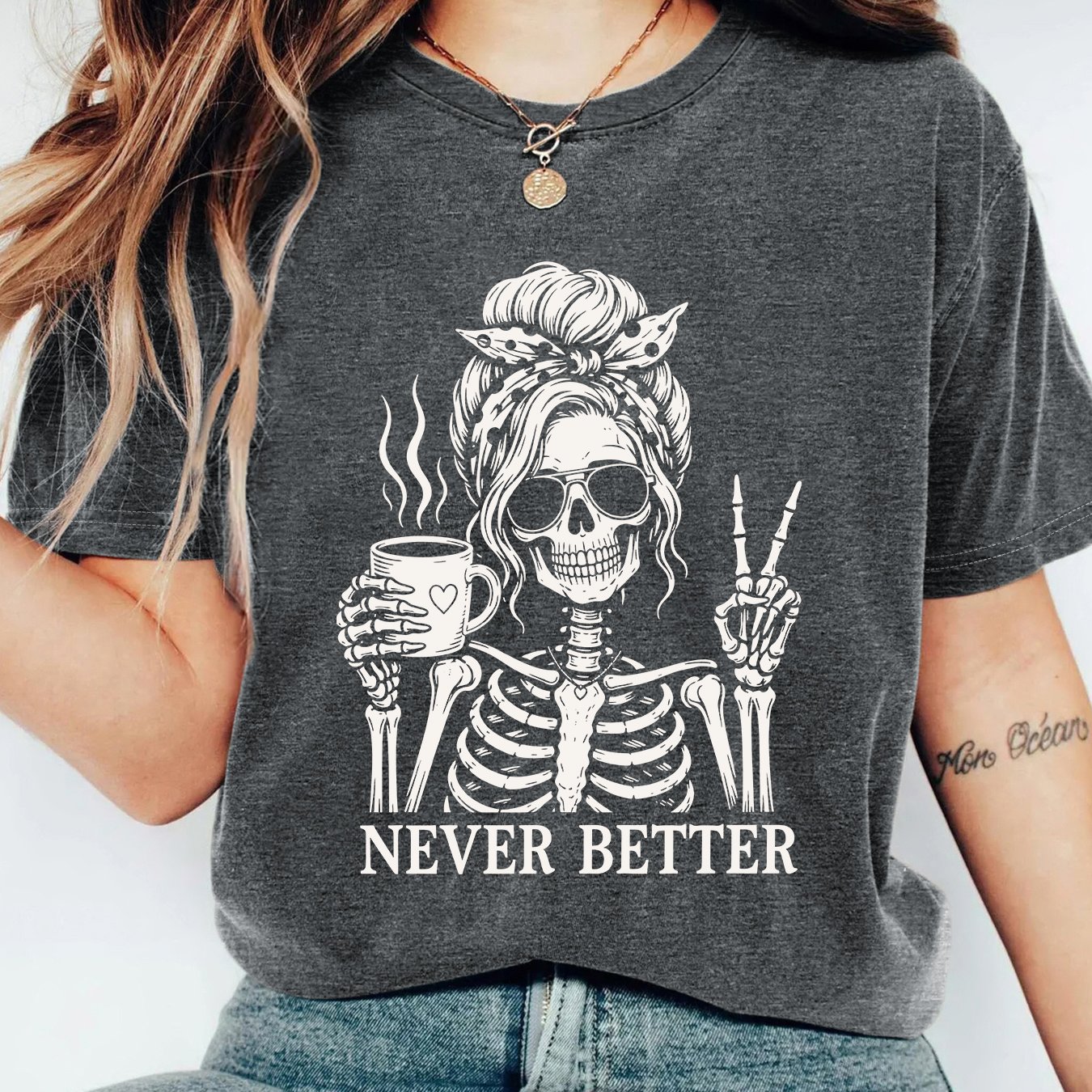 TEMU Women's Summer Top | Headscarf Sunglasses Updo Skull End Coffee Bye Distressed Women's T-shirt | Sunglasses Skull Coffee Niche Loose Round Neck
