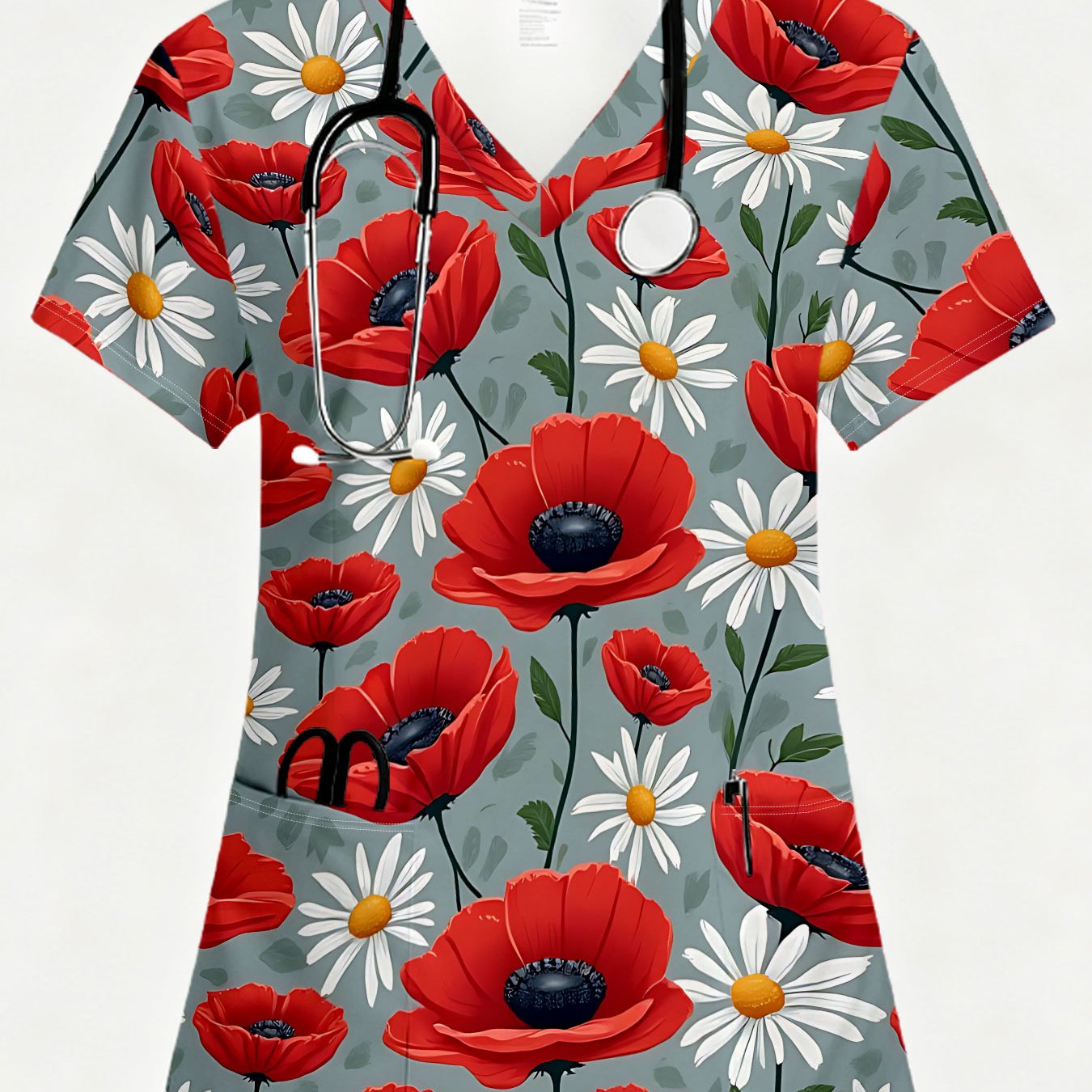 TEMU Elegant Women's Nurse Uniform V-neck Top, Printed Pattern Top, Comfortable Nursing Workwear, Vintage Floral Red Poppy White Daisy Style With 2