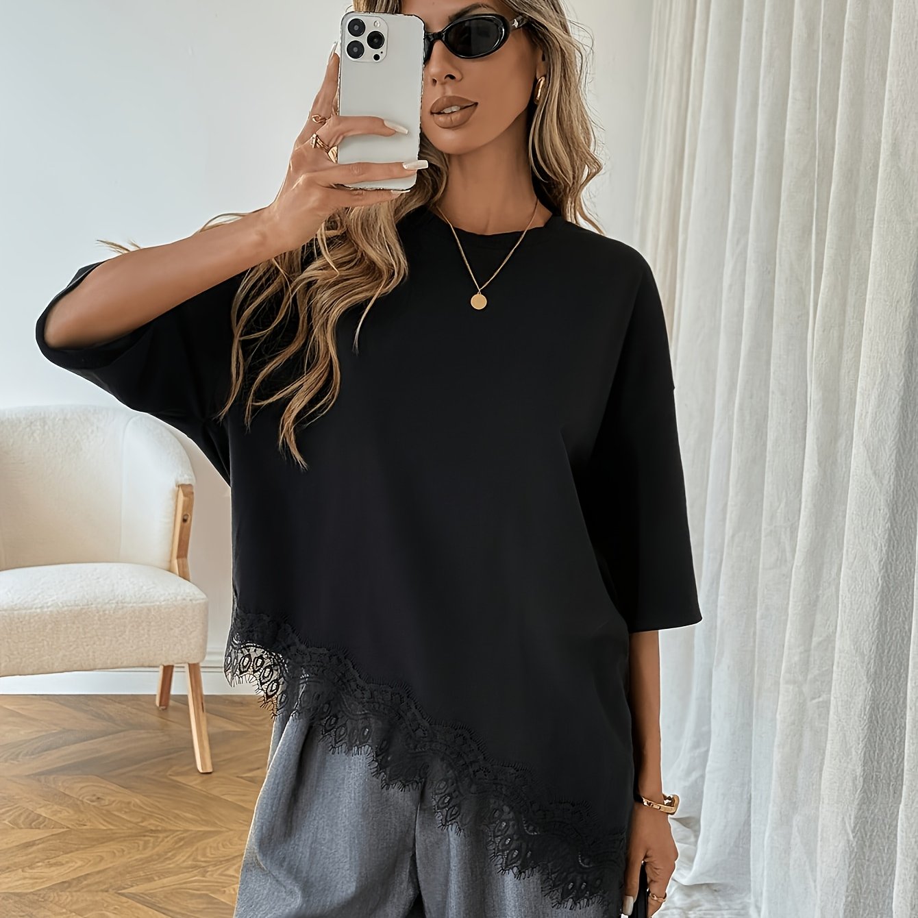 TEMU T-shirt décontracté à manches courtes pour femmes, nouveau bas de dentelle