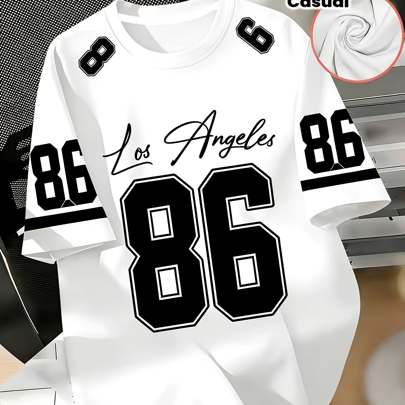 TEMU Men's Los Angeles No. 86 Jersey Print T-shirt, Black, White, Green, 3-color Sporty Casual Short Sleeve