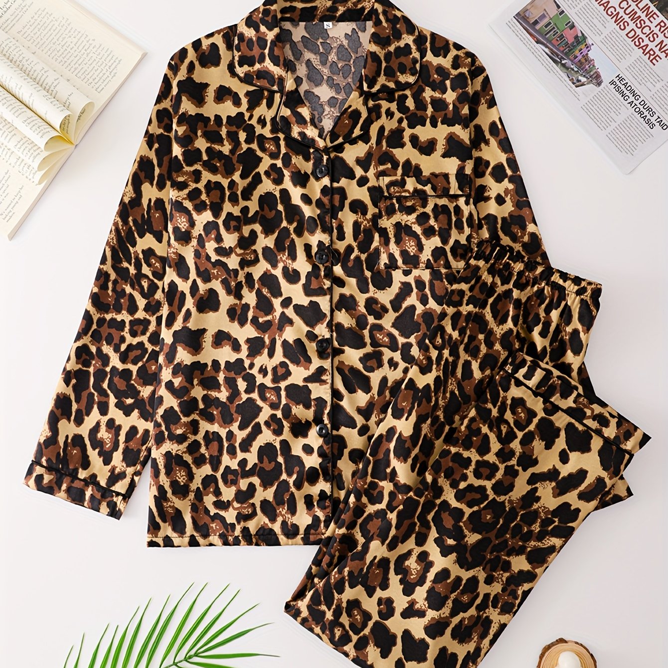 TEMU Conjunto de Pijama para Mujer de Dos Piezas y Otoño Estampado de Leopardo Pijamas Cuello de Botón Pequeño Camisa de Larga Diseño de Bolsillo con