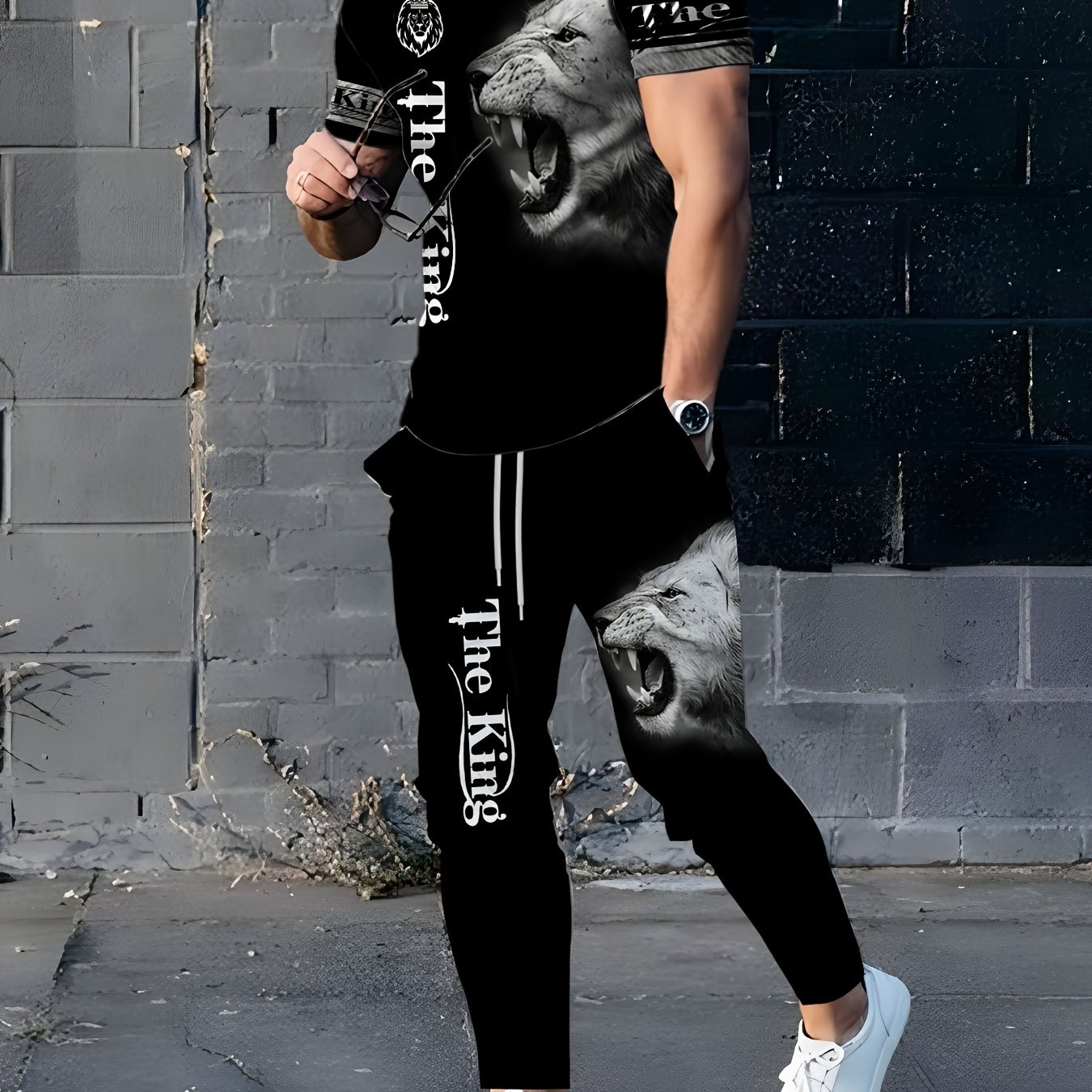 Print Design - Not Textured/2d Printing Men's Casual Fashion Sports Lion Print Round Neck Short Sleeve Long Pants Set