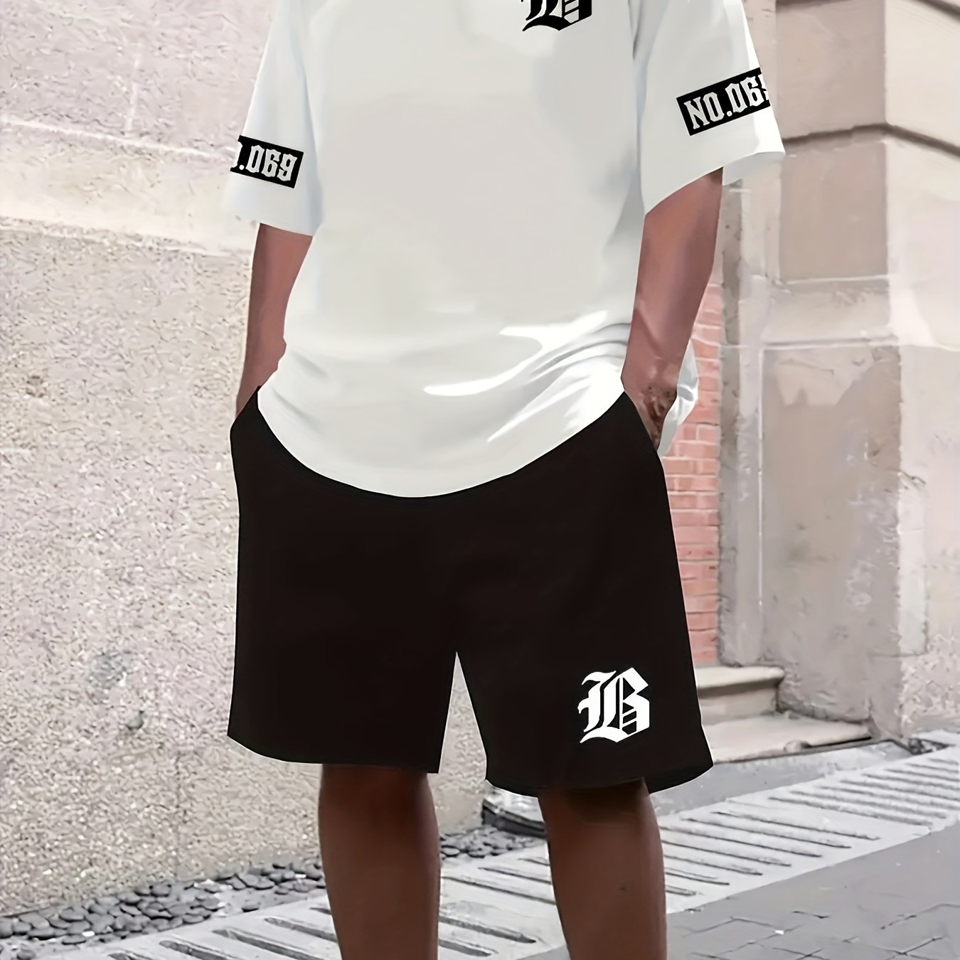TEMU Print Design - No Texture Sports And Casual Men's T-shirt And Shorts Set With B Letter Print, Made Of Knit Fabric, Machine Washable, Perfect For