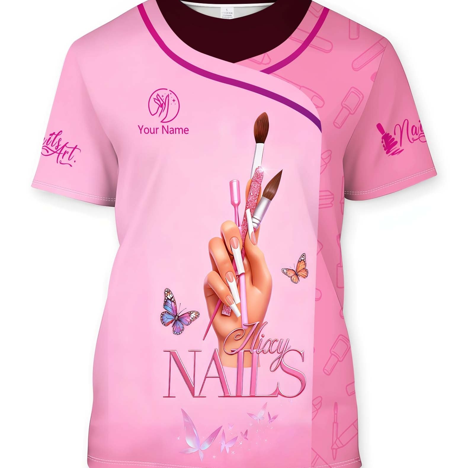 TEMU Custom Name Round Neck Nail Technician Work T-shirt, Nail Art Printed T-shirt, Casual Short-sleeve Top, Nail & Beauty Workwear, Machine Washable