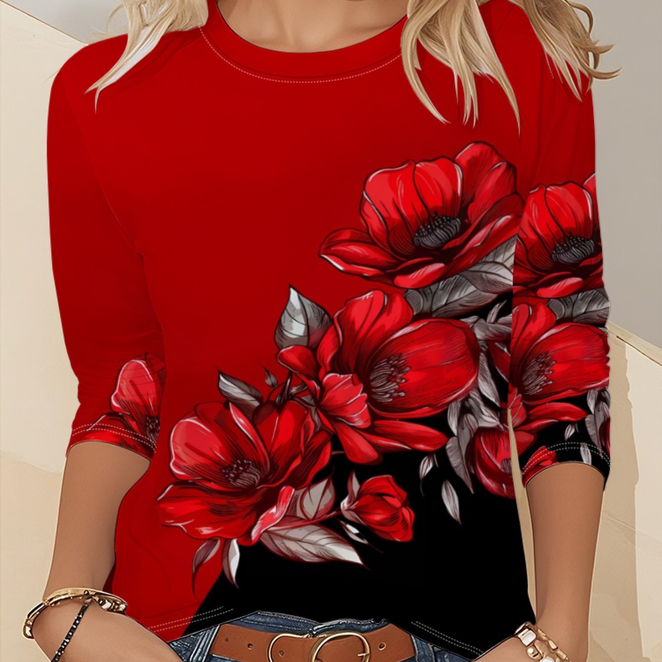 TEMU Camiseta de mujer de moda casual con estampado , cuello elegante, larga, estampado floral grande, estampado floral , estampado , Serie -085