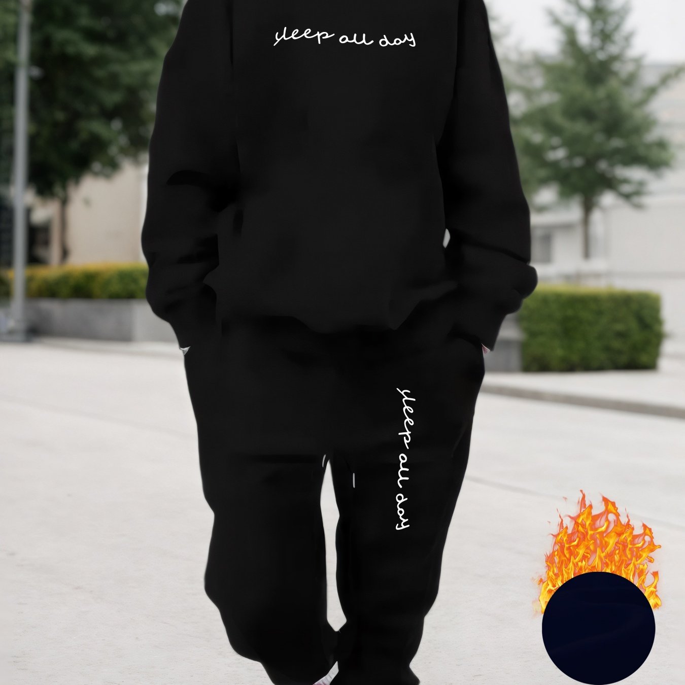TEMU Plus Size - Plus Size - Plus Size Women's Fleece Sweatshirt Set With Letter Print, Round Neck, Long Sleeve Top, Drawstring Pocket Pants For