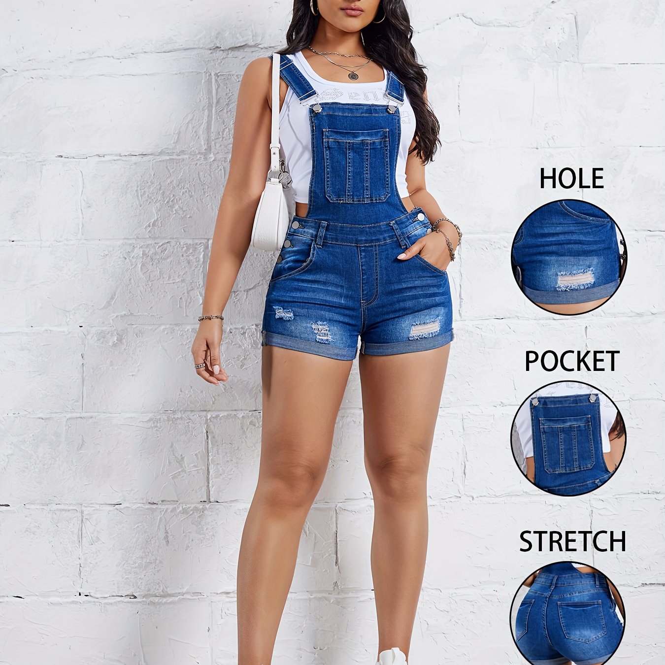 Women's High-stretch Distressed Denim Frayed Hem Strap Shorts - Casual Denim Shorts With Adjustable Waist, Machine Washable, Spring Summer Fall Outfits, Fall Casualwear, Nontransparent Material