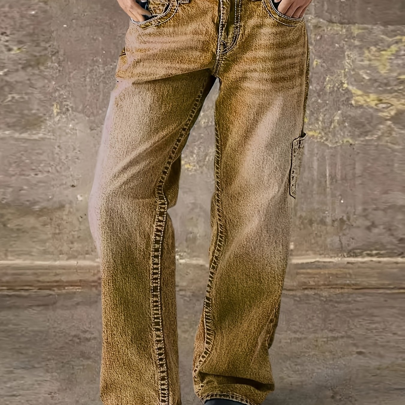 Trendy Women's Jeans In Washed Khaki Featuring A Hand-wiped , With A Micro Elastic Slim Fit Straight Cut That Offers And
