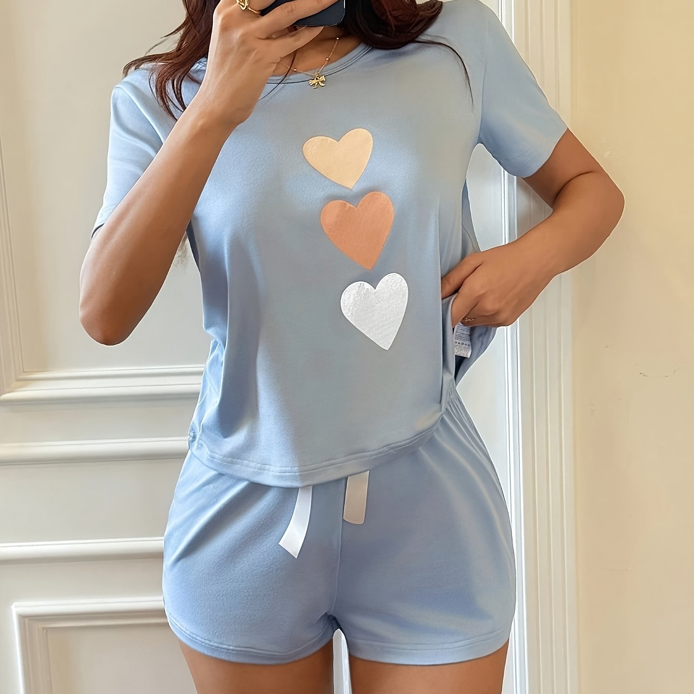TEMU Dream Adore 2-delige pyjamaset met hartjesprint, korte mouwen en korte broek