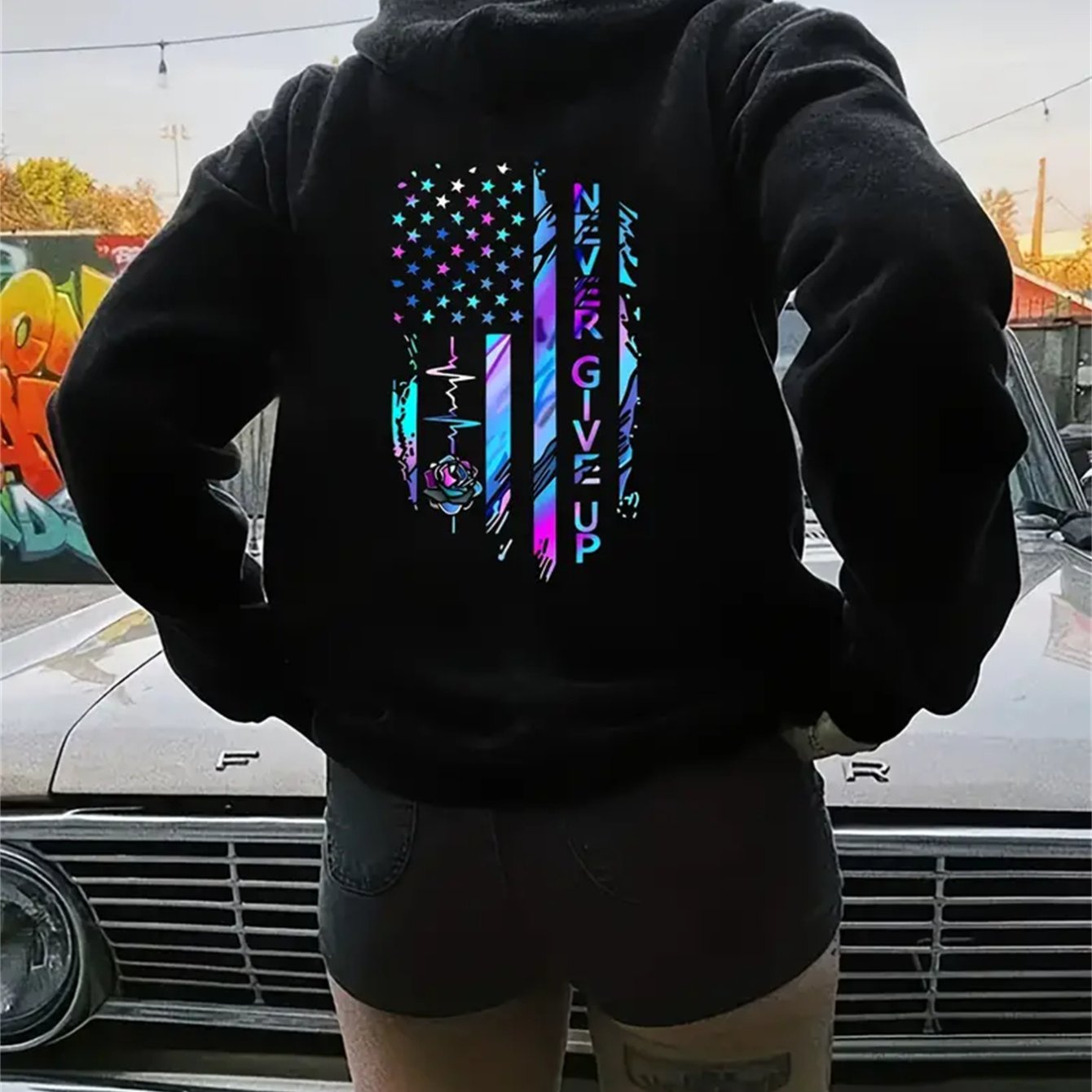 TEMU Print Hoodie, Casual Long Sleeve Kangaroo Pocket Drawstring Hoodie Sweatshirt, Women's Clothing
