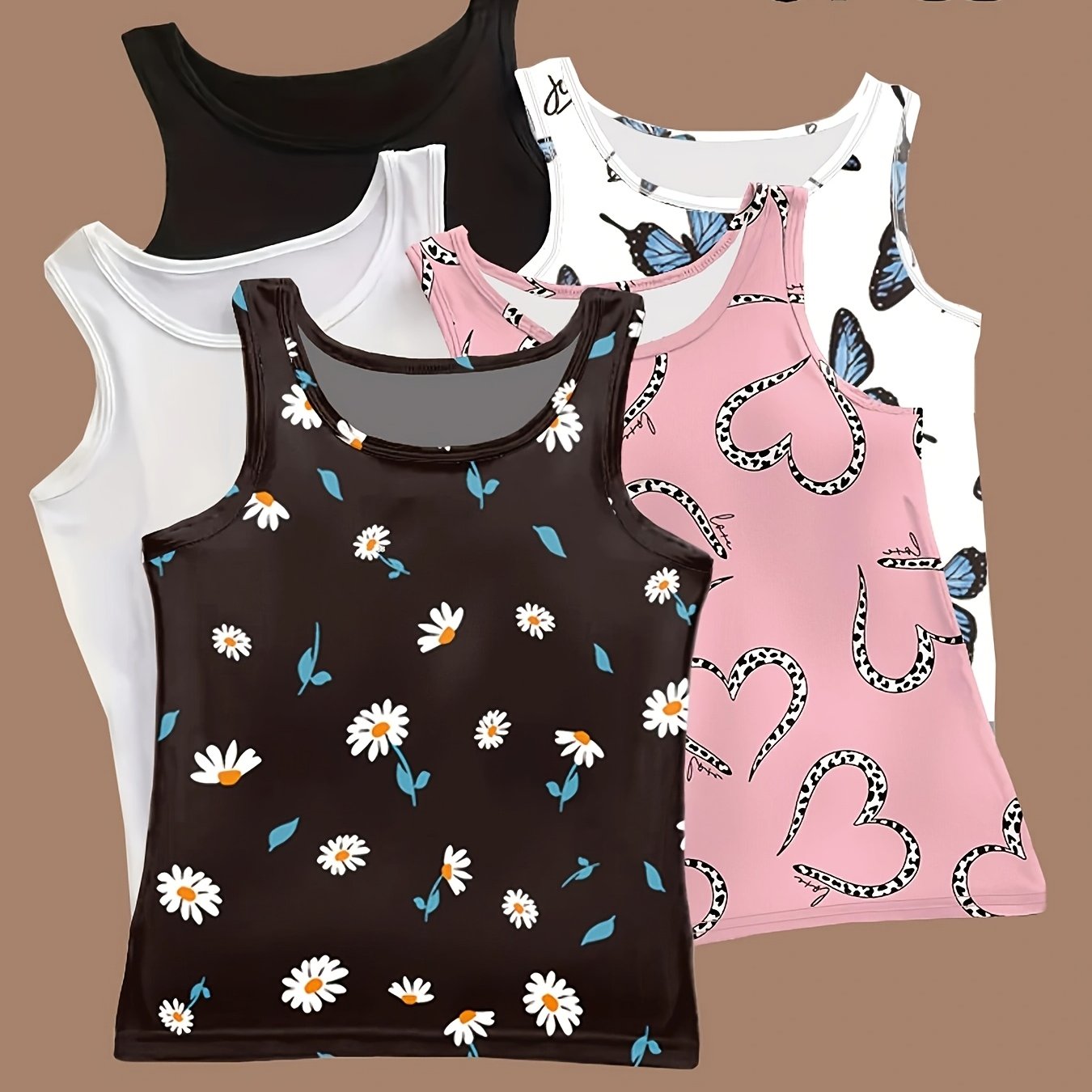 Image of Fashion Casual Plus Size Random Print 5pcs Loungewear Set With Tank Tops