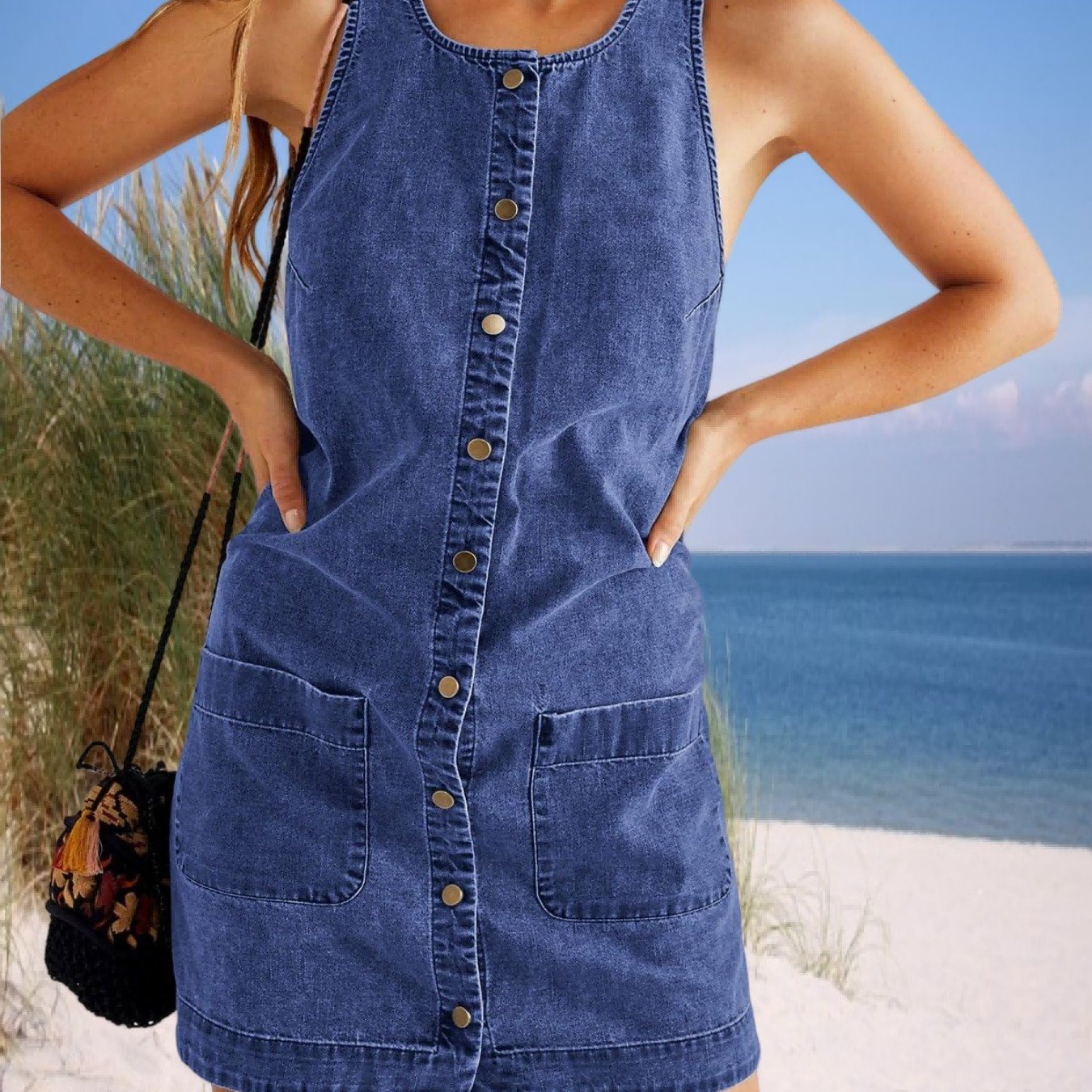 Women' Summer Casual Sleeveless Denim Overalls Dresses Button Jean Mini Dress 2026 Trendy Romper With Pockets