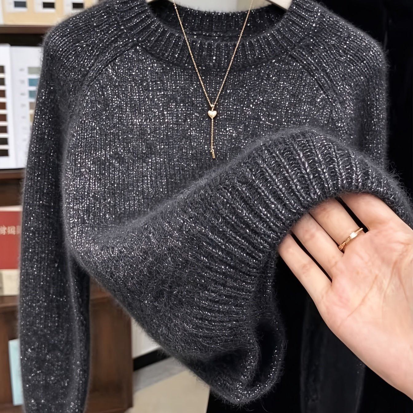 TEMU Damen Pullover aus Glitzergarn mit Rundhalsausschnitt, lockerer Raglanärmel-Pullover, schlichtes kurzes Freizeit-Top für Herbst/Winter