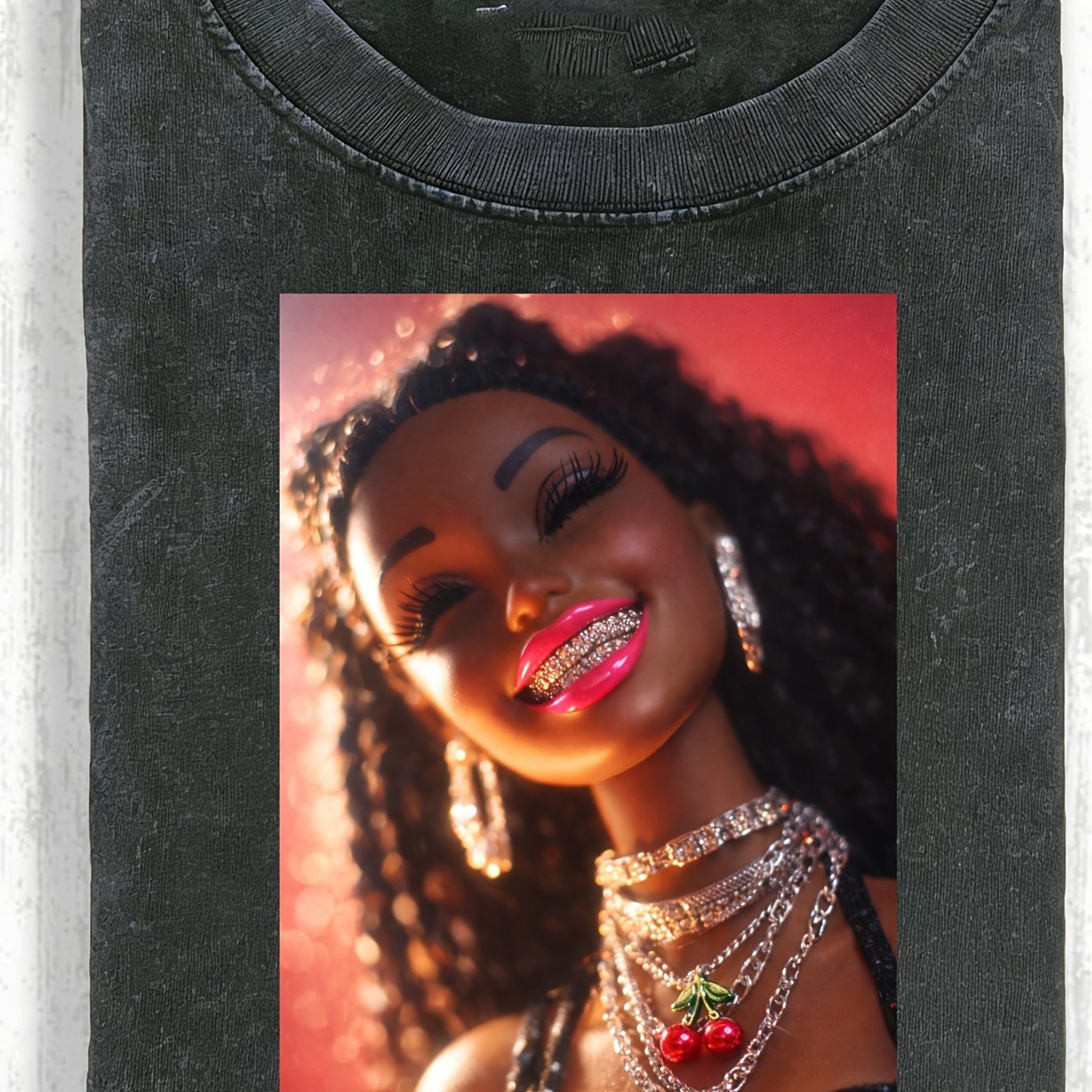 TEMU Vintage Heavyweight T-shirt New Style Fun Neutral T Shirt Black Graphic Print Of A Woman With Curly Hair And Cherry Necklace Perfect For Casual