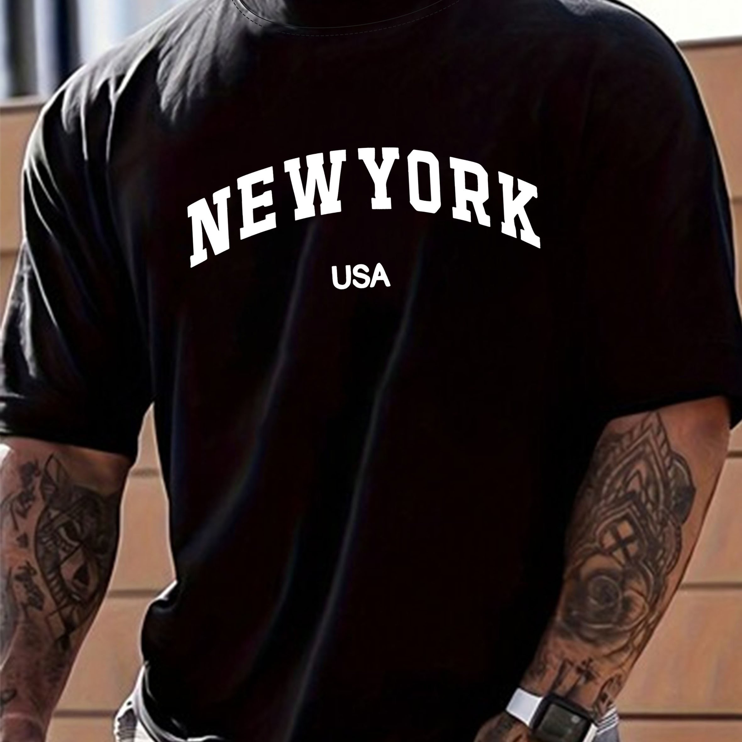 TEMU Plus Size Men's Fancy Letter New York Print T-shirt, Casual Fashion Tee, Street Style Short Sleeve Crew Neck Shirt